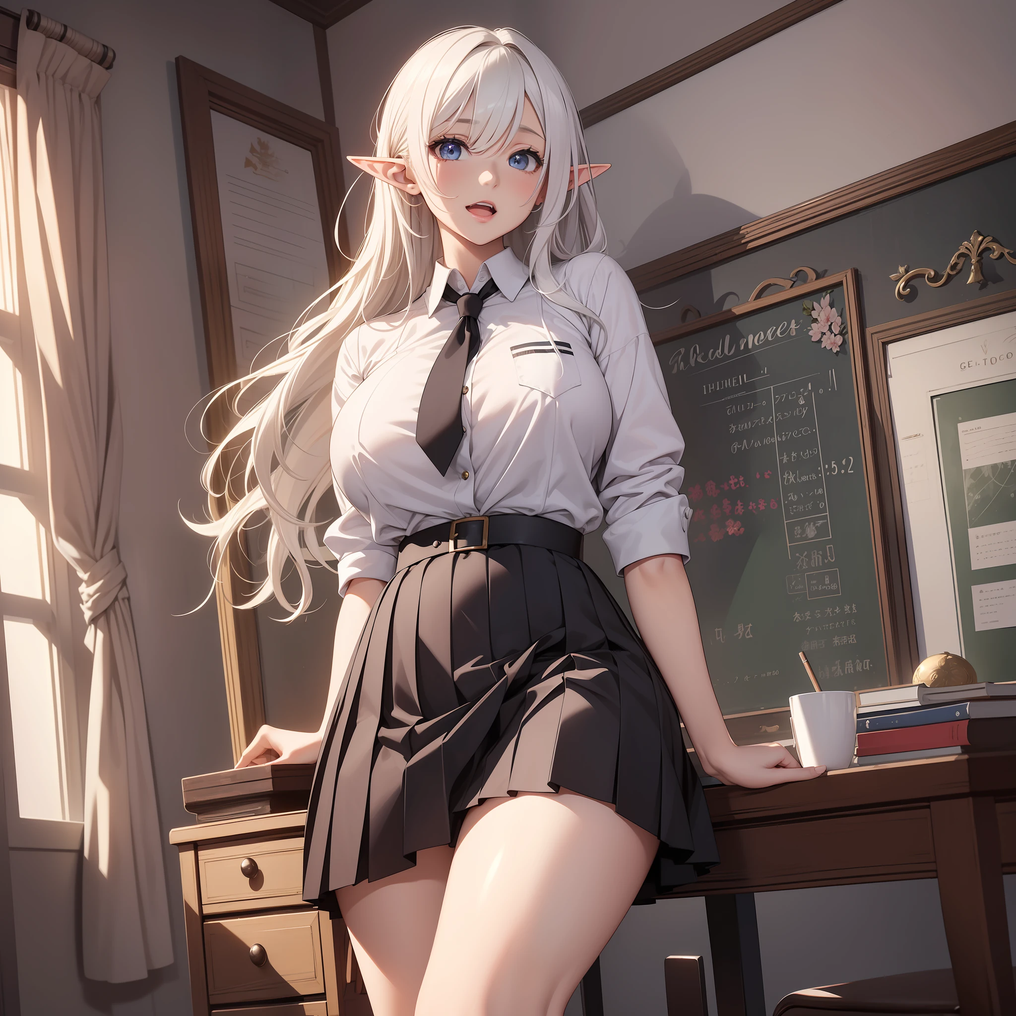 masterpiece, best quality, finely detailed, high resolution, extremely delicate and beautiful, 1girl, huge breasts, thickthighs, white hair, long hair, hair behind ear, school uniform, full body, elf, :d, skirt