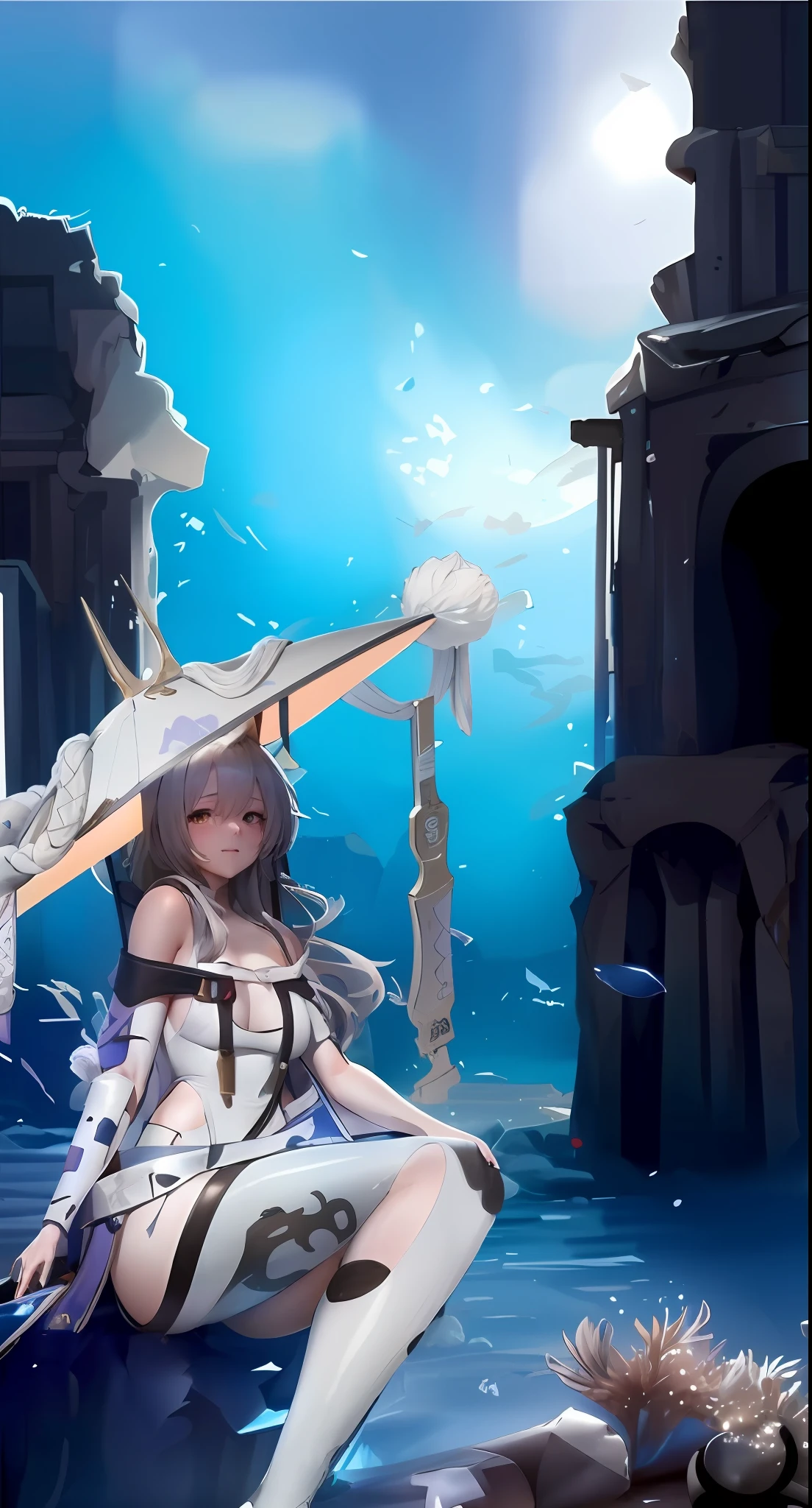 Anime girl sitting on rock，Sword in hand, A scene from the《azur lane》videogame, azur lane style, 《azur lane》role, From Arknights, Keqing from Genshin Impact, Kantai collection style, Ayaka Genshin impact, Best anime 4k konachan wallpaper, Anime goddess, made with anime painter studio