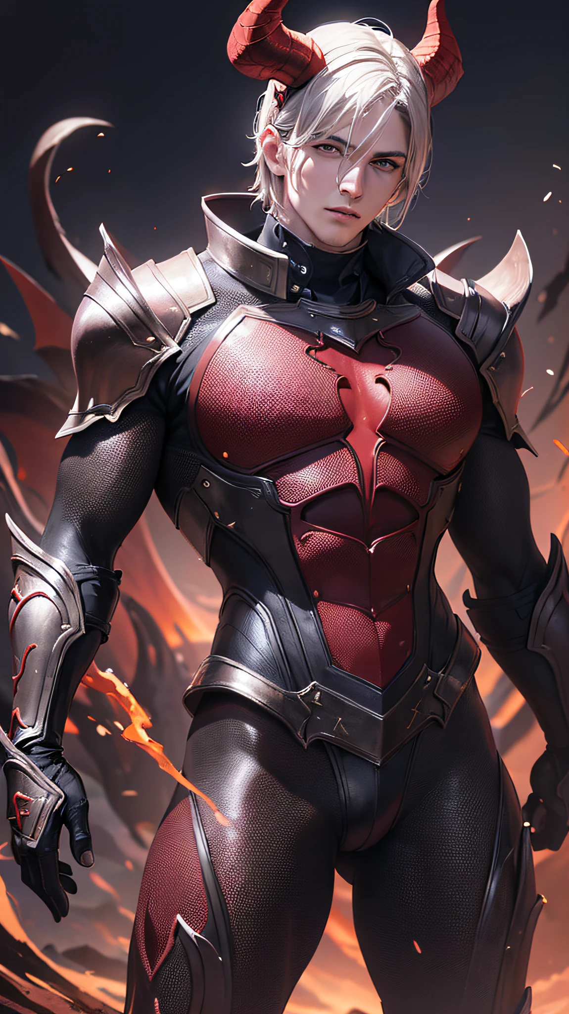 Male character, Japanese anime style, dressed in Saint Seiya style armor, based on Demon Hunter from the Diablo video game saga, red base, stylized armor, detailed, comfortable to wear for the character, normal build character, not robust, no helmet, armor without helmet, no helmet, armor that covers only the essence, full body image, metal boots, red armor, clothing based on the color red, asymmetrical design, anime style, japanese anime style, --auto