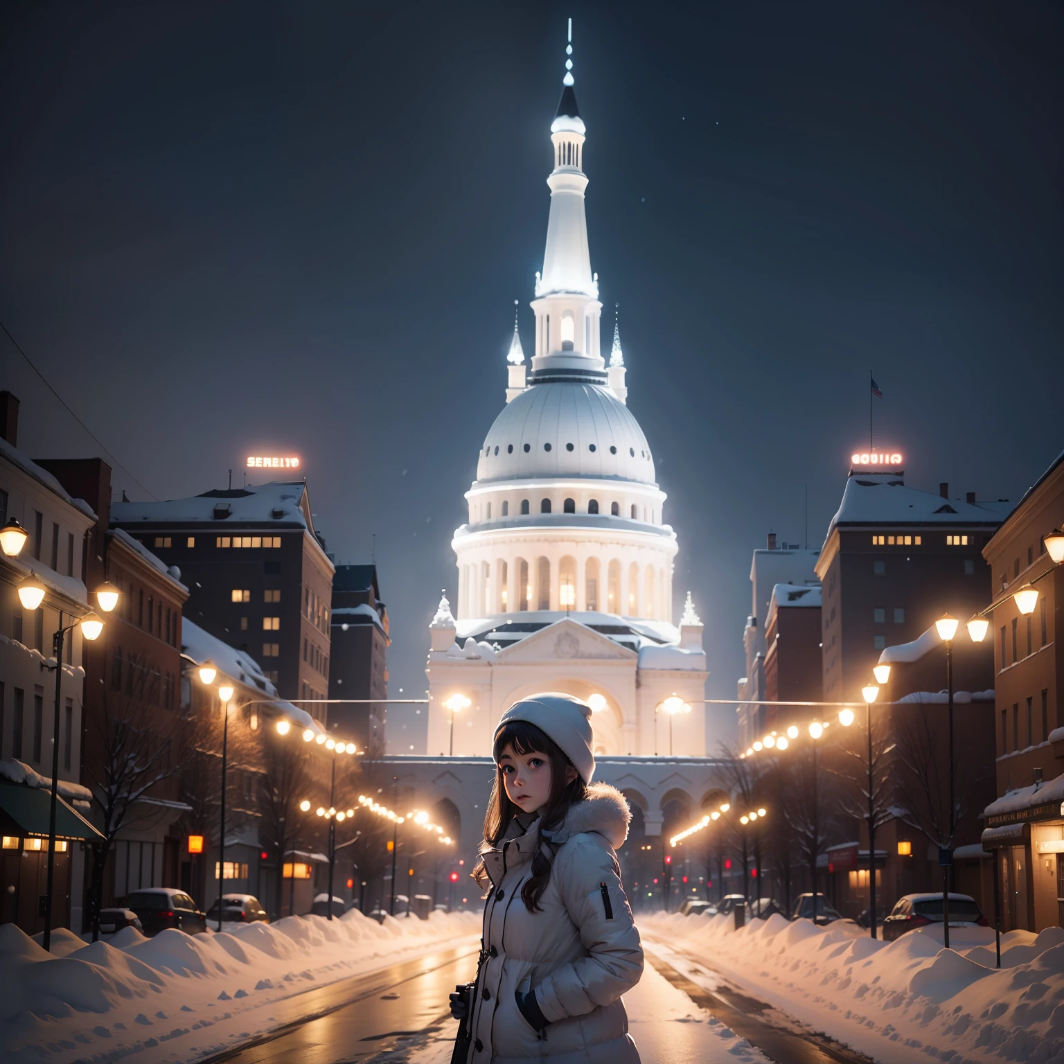City background with real snow and real snow{{of the highest quality,8K,32K,masutepiece:1.2}}{{Dramatic light}}{{Delicate eyes}}{{ultra detailed}}