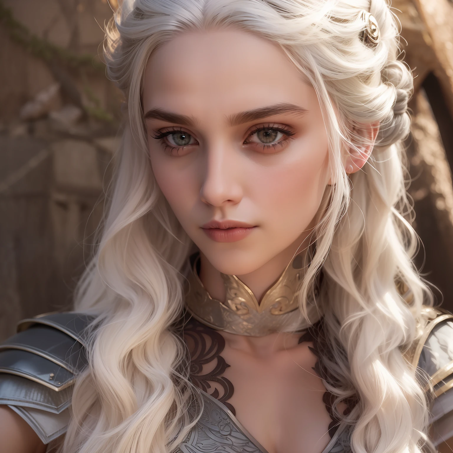 daenerys, mother of dragons, khaleesi, game of thrones, bela, hair as white as wool, brilhante, vivid, shiny metallic armor, detalhes felpudos nos ombros, suor no rosto, perfeita como uma elfa, empoderada, confiante, em meio a cinzas, menacing stare, ao fundo labaredas de fogo, epic, medieval 8k,4k, hd