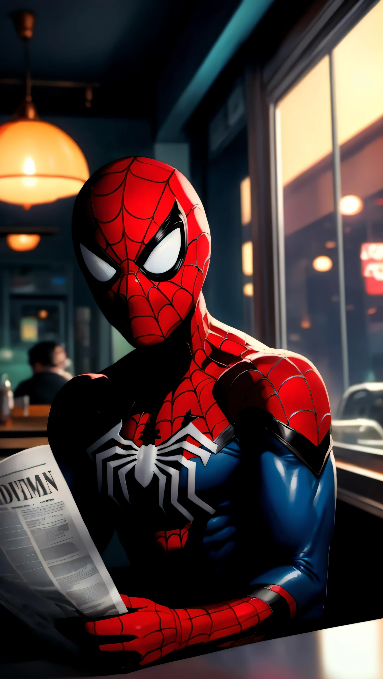 portrait512 Spider-Man wearing his mask reading a (newspaper:0.8) inside of a diner, cinematic film still Photo512