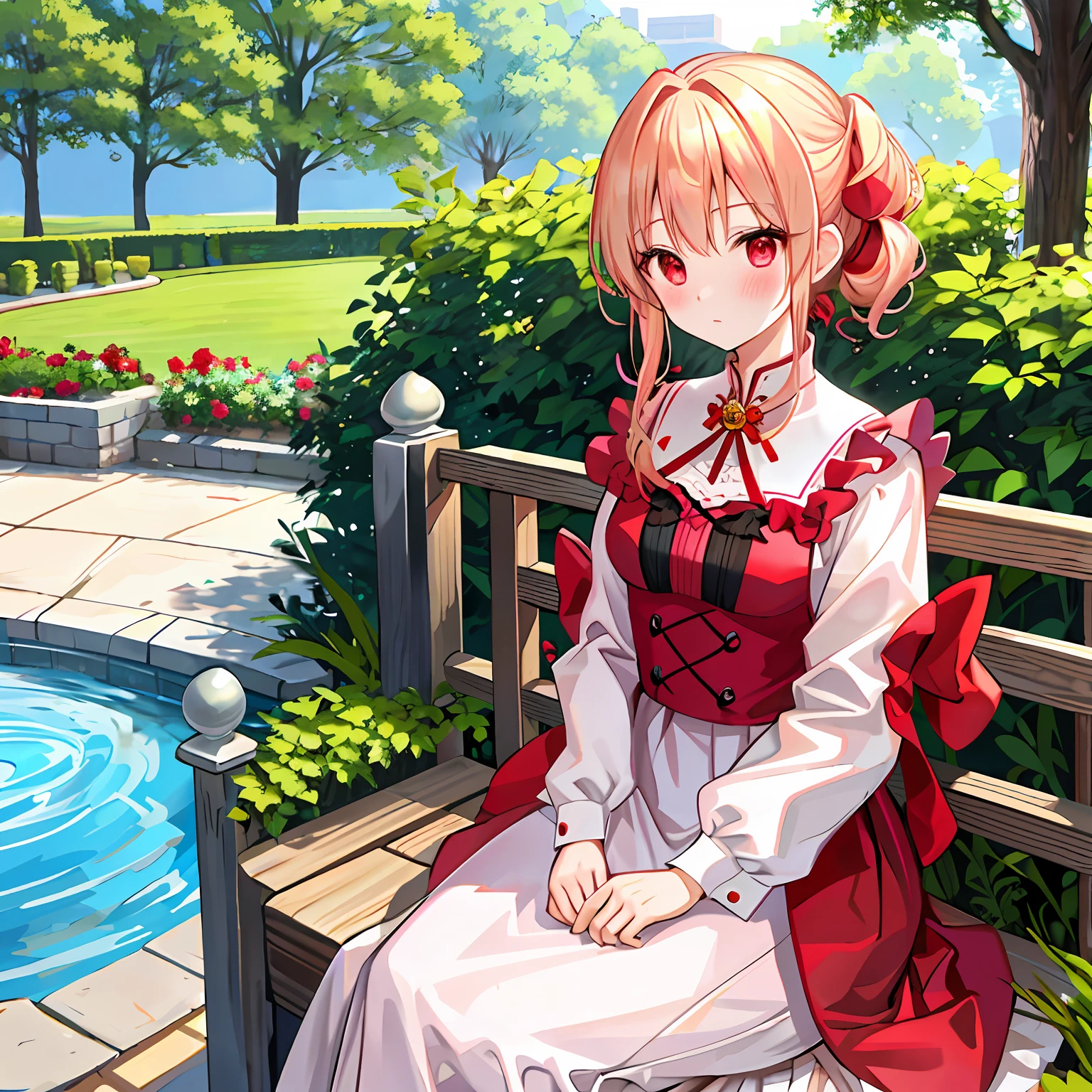 red blush、blonde  hair、Hair is up、red eyes、Beautiful girl alone、animesque、独奏、lonely、doress、Rose Garden、sitting on
