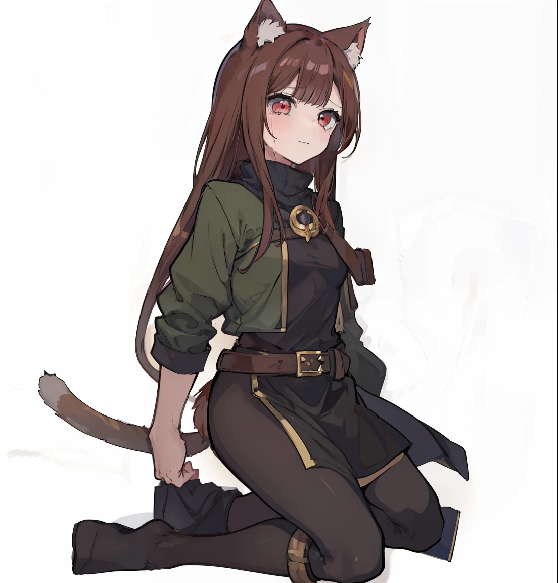 1girl, reference sheet, matching outfit, (fantasy character sheet, front, left, right, back) female Neko. Feline features, soft furred ears atop head, tail swaying gracefully behind her. Mesmerizing set of feline-like red eyes, crying. Brown Hair grown longer, taking on feline texture, rogue outfit, belt, adding to unique appearance. Masterpiece, high quality.