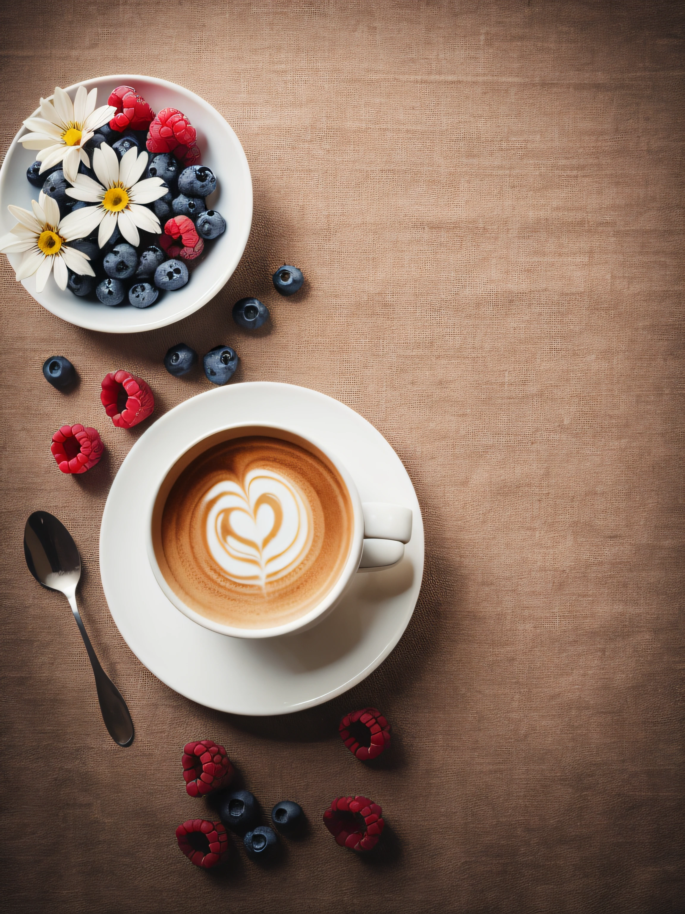 (masterpiece,best quality,highres,ultra_detailed:1.2),
simple background, still life, flowers,rule of thirds,
coffee,dessert,cream,berries,cloth