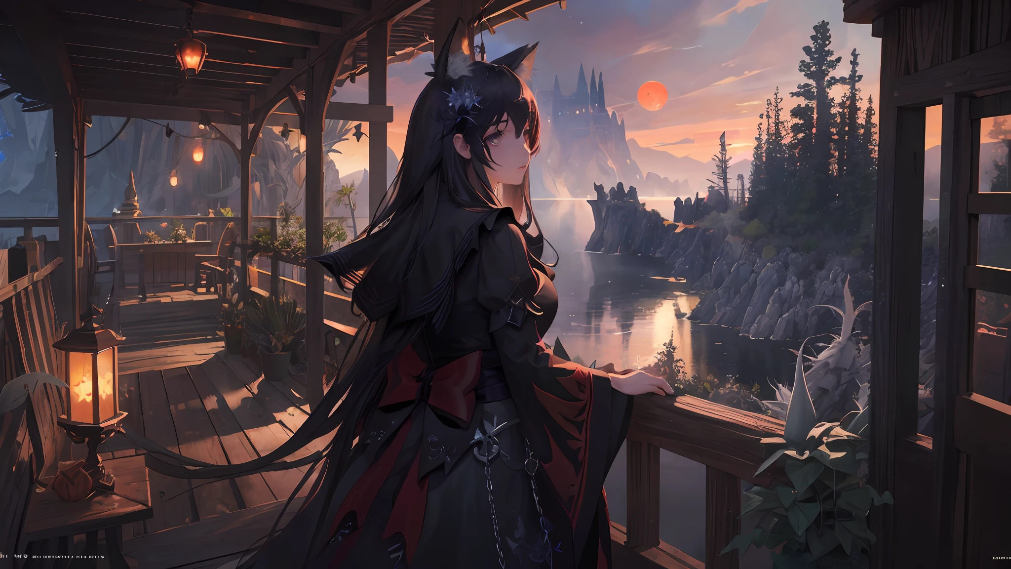 ((Masterpiece)), Best quality, High quality, ((Very detailed CG unity 8K wallpaper)), (fantasy),Dark tones, Dark black castle,Stand on the island,There is a red moon in the sky,View from a higher mountain,((giant agave titanota)), wild plants , Foxy, , Mono Lake, hackberry, 3D Digital Paintings, award winning photography, Bokeh, Depth of field, hdr, full bloom, less big breasts, color difference , Photorealistic, The is very detailed, trending on artstationh, trending on CGSociety, Intricate, high detal, dramatics, halfway art,