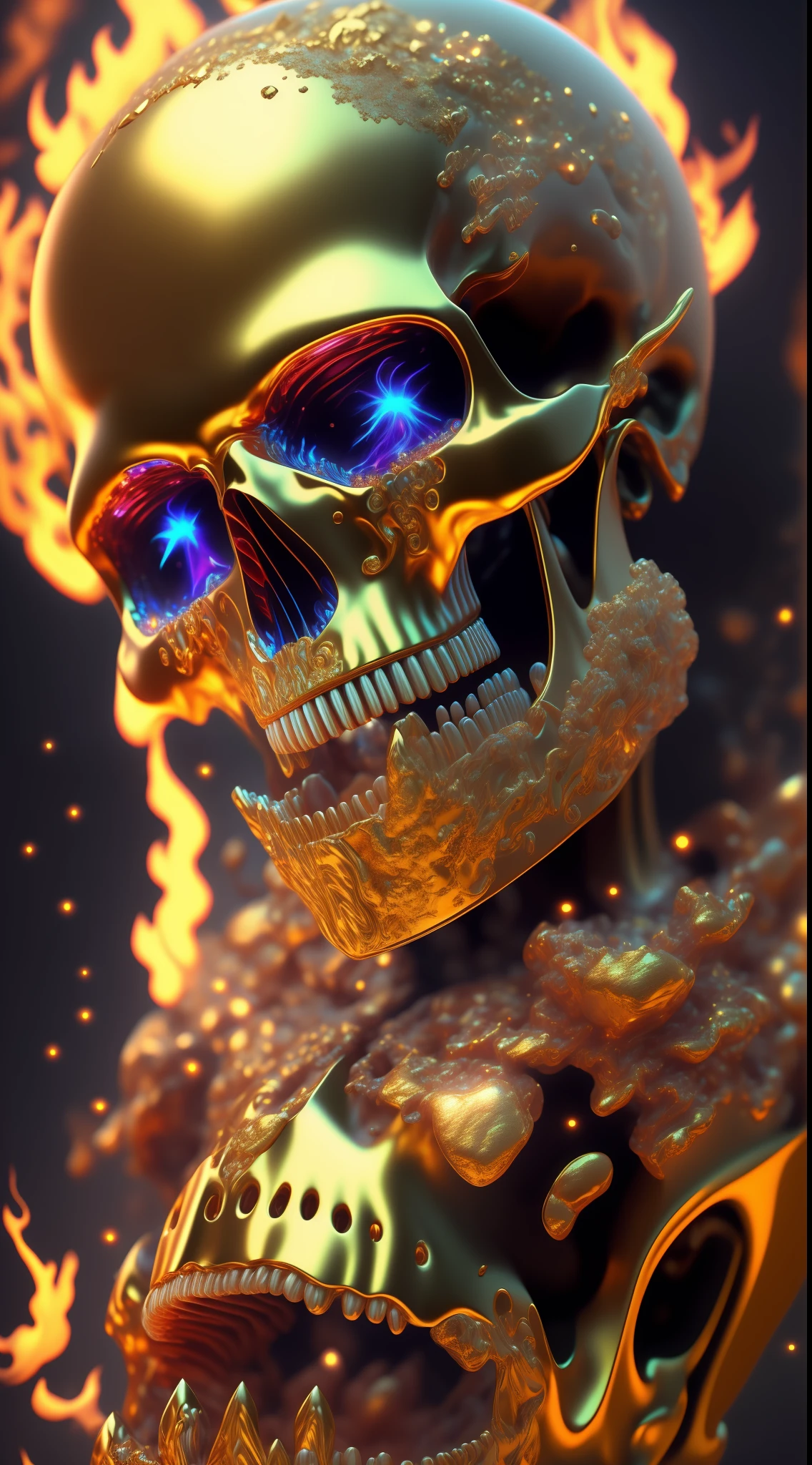 obra prima, melhor qualidade, art-station, 1 Extremely detailed skull on fire, perfeitos dentes de marfim, perfectly proportions, anatomicamente perfeito, ultra realista, fundo preto, galaxy, infinitos olhos azuis em chamas, cravejado de pequenos detalhes em ouro e joias, 8k, Realismo, brilhante, luminescente, iridescente, hyper detailed vibrant cinematic, environment occlusion, chromatic aberration.