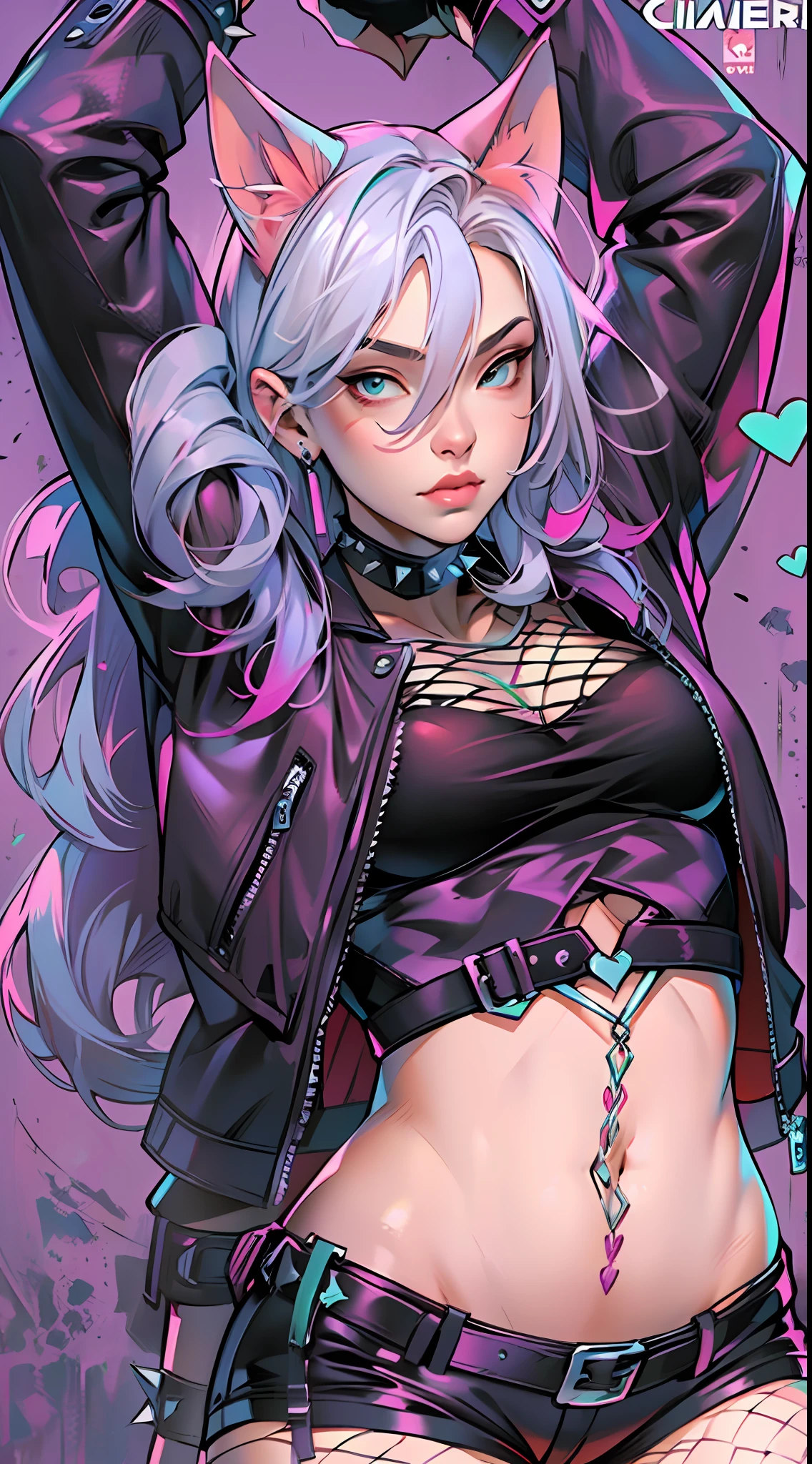 Loving, Love, (beautiful and clear background:1.2), high detailed eyes , underwear, lace, latex, Pink, Purple, mint, Blue, Yellow, lavender hair, body piercings, Loving, Love, ultra detail hair, Masterpiece, Best Quality, hiquality, hight resolution, detail enhancement, ((most beautiful image in the world)), Masterpiece, Best Quality, hiquality, hight resolution, detail enhancement, ((most beautiful image ), art by stjepan sejic, art by j scott campbell, Artist Guillem March, art by citemer liu, 4k, hight resolution,high quality detailed, style of ::2.0 comix illustration style,hiquality, hight resolution, detail enhancement, 8K, HD, Best Quality, hiquality, hight resolution, detail enhancement, 8K, HDR, sharp-focus, Ultra Detailed, perfect lighting, Curvy Body, Lush breasts, Curvy hips, rock, rock star, Cool,black leather jacket , style of, spikes, Cat's ears, Cool bracelets, Choker, Short shorts, fishnet pantyhose, Heart Print, Heart,