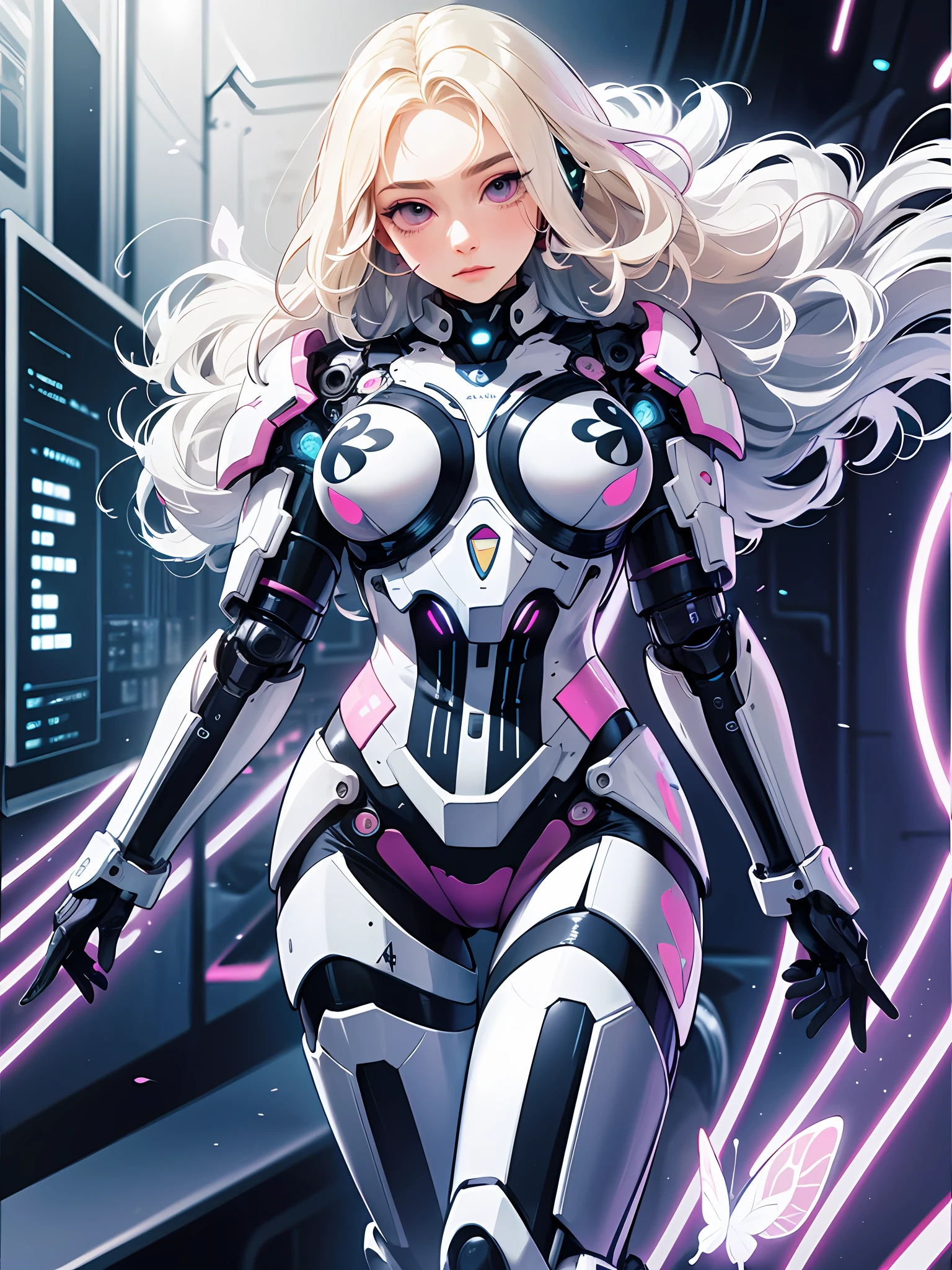 (Artwork of exceptional craftsmanship),(Detailed illustrations,(Very ideal anatomy),Very detailed and detailed drawing,Delicate lines with slow and rapid,(Realistic texture expression)),[Color tressed main line],[Background of the Institute],HENTAI ANIME (CYBERGirl (Beautiful fece) Skinny ) (Voluminous wavy platinum blonde) cyborgs,(((Butterfly wings) Magenta-pink Papillon cybernean armor) Cyber Headset) [Aurora Armor [Through the material]],(Science Fiction Mechanical [Bioengineering]),(Perfectly proportioned),(Fine and beautiful skin expression [realistic skin detail]),[Design built to the highest level,[Advanced structural understanding of materials],Ideal color coordination],(Intricate and beautiful decoration [Dense detail]),(More on shiny hair),[Perfect hand details [Beautiful Finger]],(Beautiful perfect face [Realistic face details]),[Clear gaze],[long and beautiful eyelashes],[Perfect eye details (Eyes beautifully drawn down to the smallest detail)],(detaileds,high-detail),([Precision Detail],[multi-layer texture],HighQuality,hight resolution),[(Accurate simulation of light-material interactions),Understanding Airflow,Mechanically correct representation],[Visual art that conveys a sense of narrative] [Full body like],[[Desaturation]].