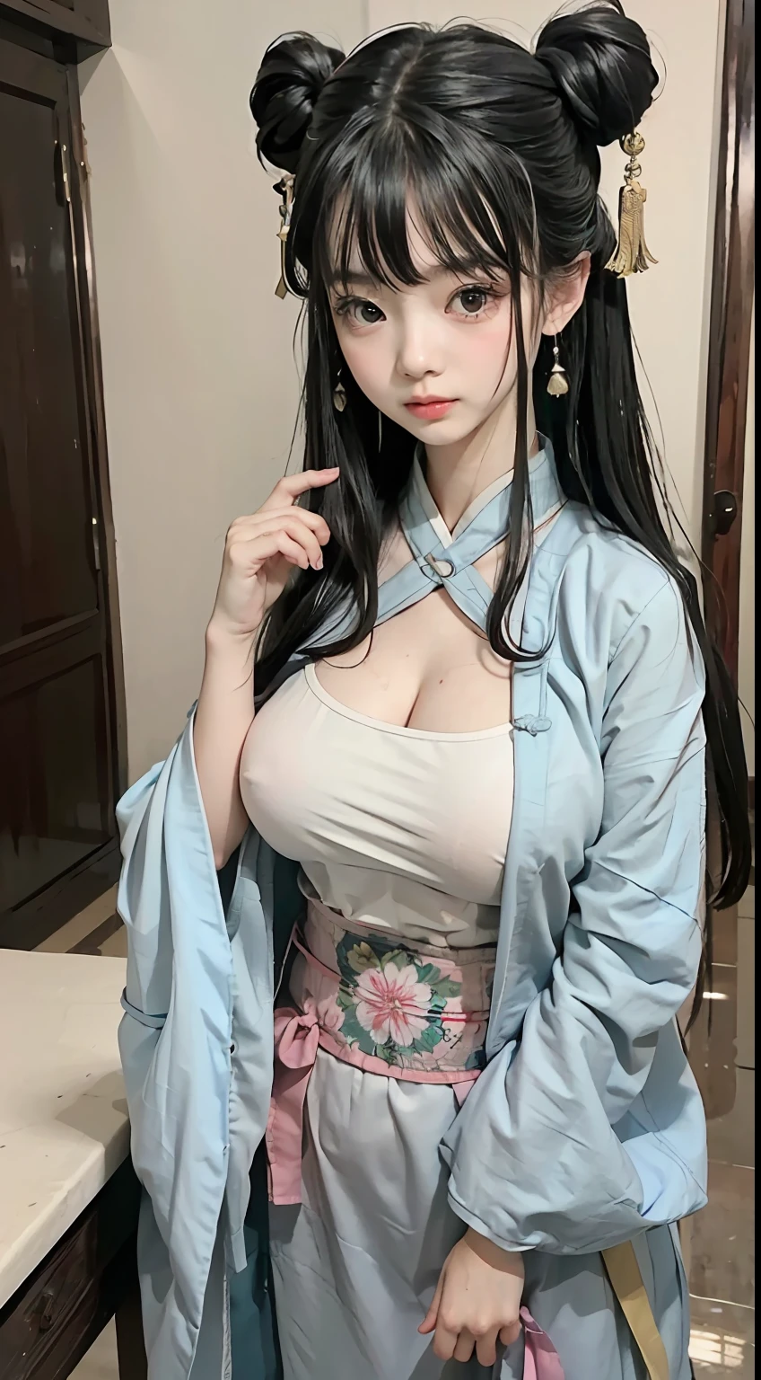 Master quality, highest quality, best picture quality, exaggerated details, a cute 8 year old asian with a shy expression, slightly squinted eyes, adjusting her hair, long eyelashes (long hair / very, very exaggerated big breasts _ tits / in hanfu chinese luxury), posing in front of the camera, wet throught