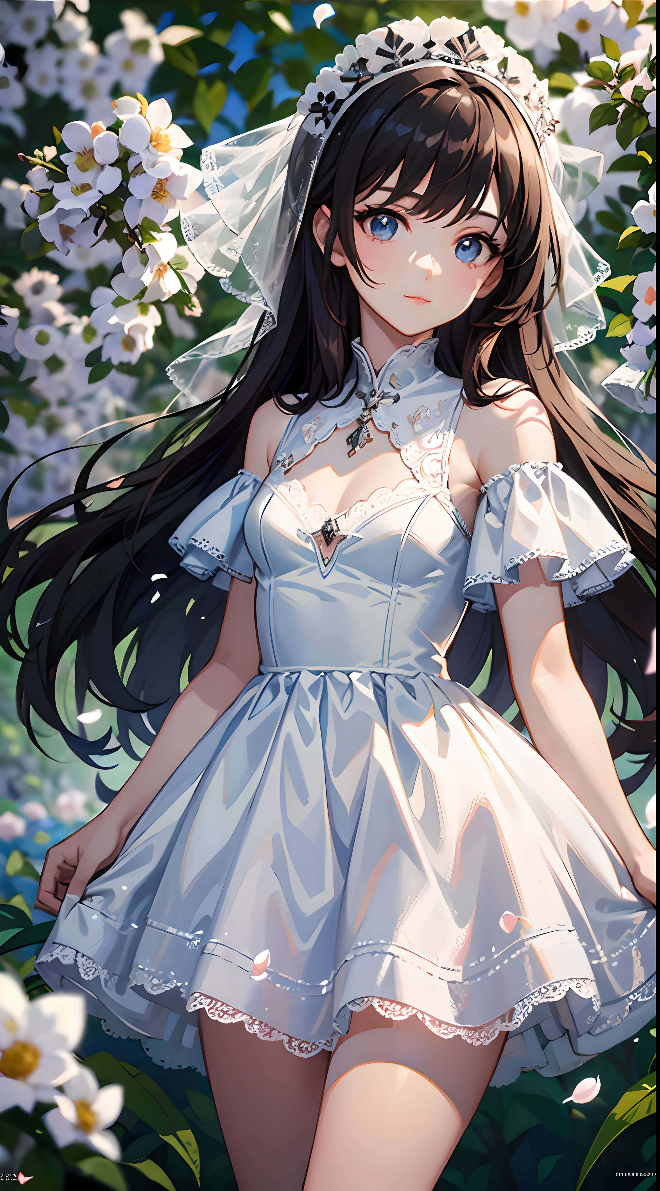 (masterpiece, best quality:1.6), white lace dress, cowboy shot, thighs, beautiful girl, (flowers, many small white petals:1.3), garden, blue sky, looking at viewer, small waist, official art, raw photo, incredibly absurdres, facelight, dynamic lighting, cinematic lighting, ultra realistic, highres, photography, sharp focus, highest detailed, extreme detailed, ultra detailed, finely detail, extremely detailed eyes and face
