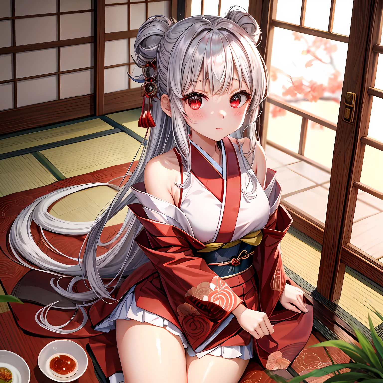 silber hair、Hair is up、red eyes、One girl、kawaii、animesque、Kimono、off shoulders、a miniskirt、red blush、traditional Japanese room、sitting on
