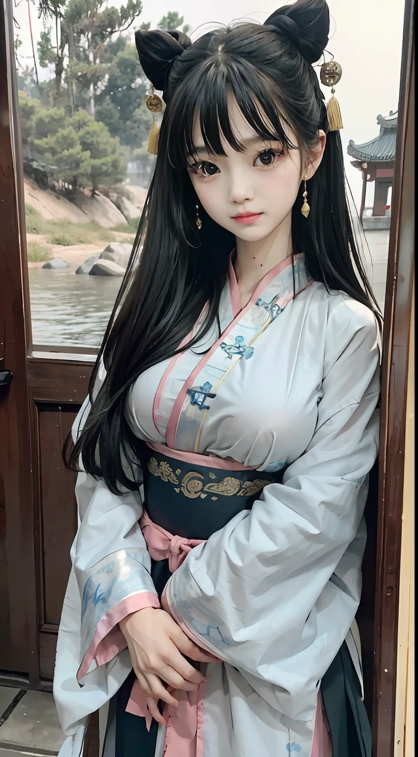 Master quality, highest quality, best picture quality, exaggerated details, a cute 8 year old asian *********** with a shy expression, slightly squinted eyes, adjusting her hair, long eyelashes (long hair / very, very exaggerated big breasts _ tits / in hanfu chinese luxury), posing in front of the camera, wet throught