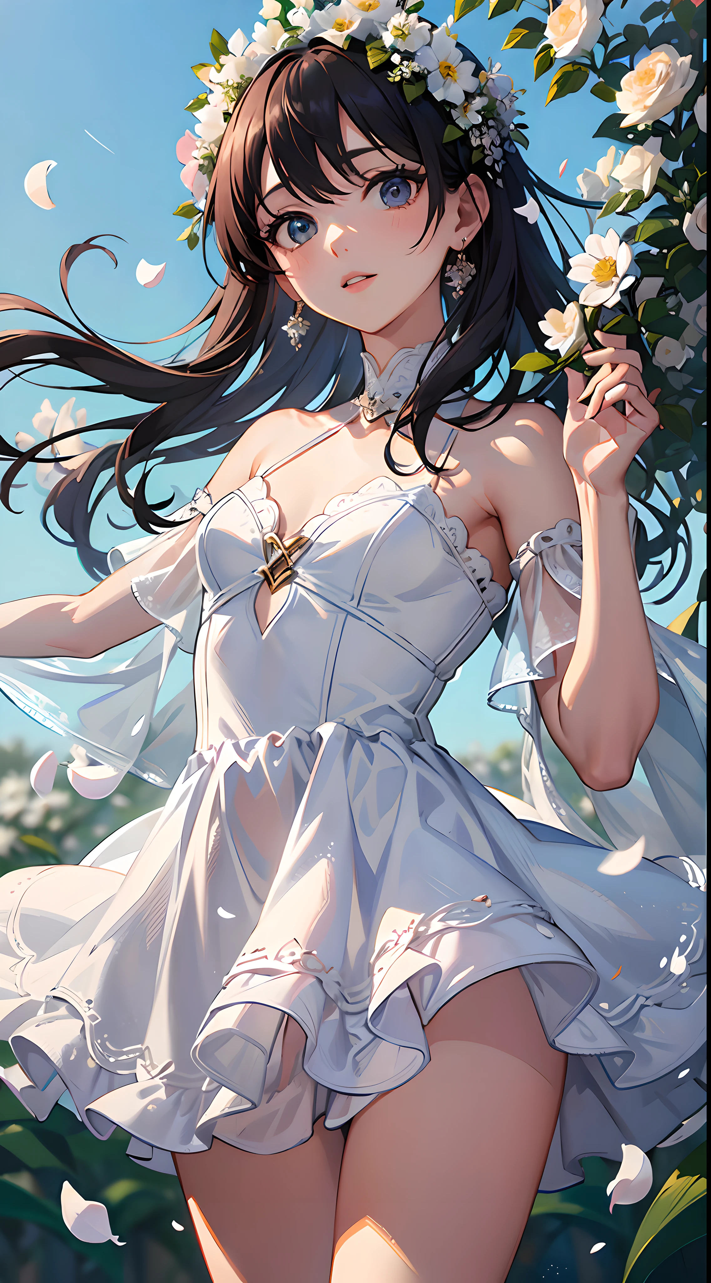 (masterpiece, best quality:1.6), white lace dress, cowboy shot, thighs, beautiful girl, (flowers, many small white petals:1.3), garden, blue sky, looking at viewer, small waist, official art, raw photo, incredibly absurdres, facelight, dynamic lighting, cinematic lighting, ultra realistic, highres, photography, sharp focus, highest detailed, extreme detailed, ultra detailed, finely detail, extremely detailed eyes and face