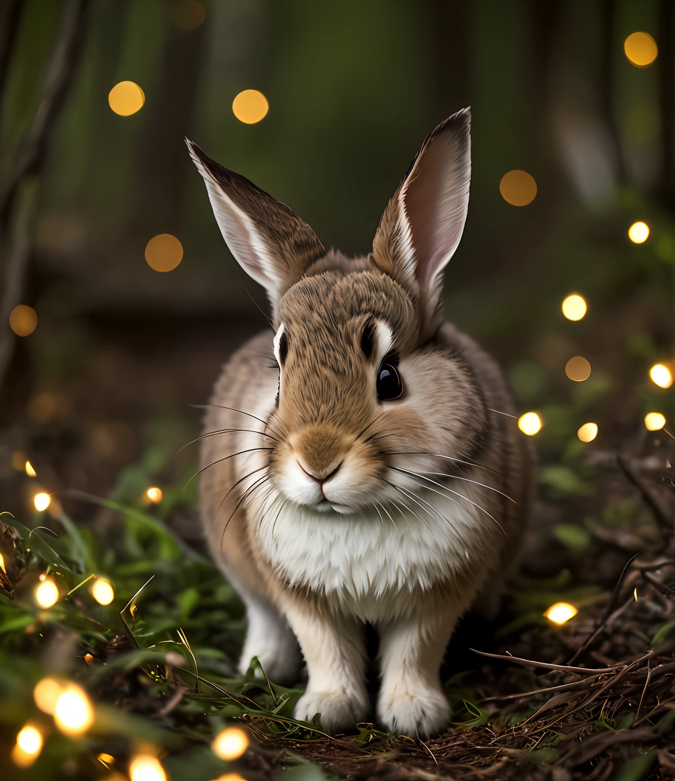 "Close up shot of a rabbit in a magical forest at night, surrounded by twinkling fireflies. The scene is filled with a mesmerizing volumetric fog, creating a dream-like atmosphere. The image has a soft glow with beautiful bokeh and dramatic lighting. The rabbit is perfectly centered, following the rule of thirds. Taken with a 200mm lens and a wide aperture of 1.4f to capture intricate macro details."