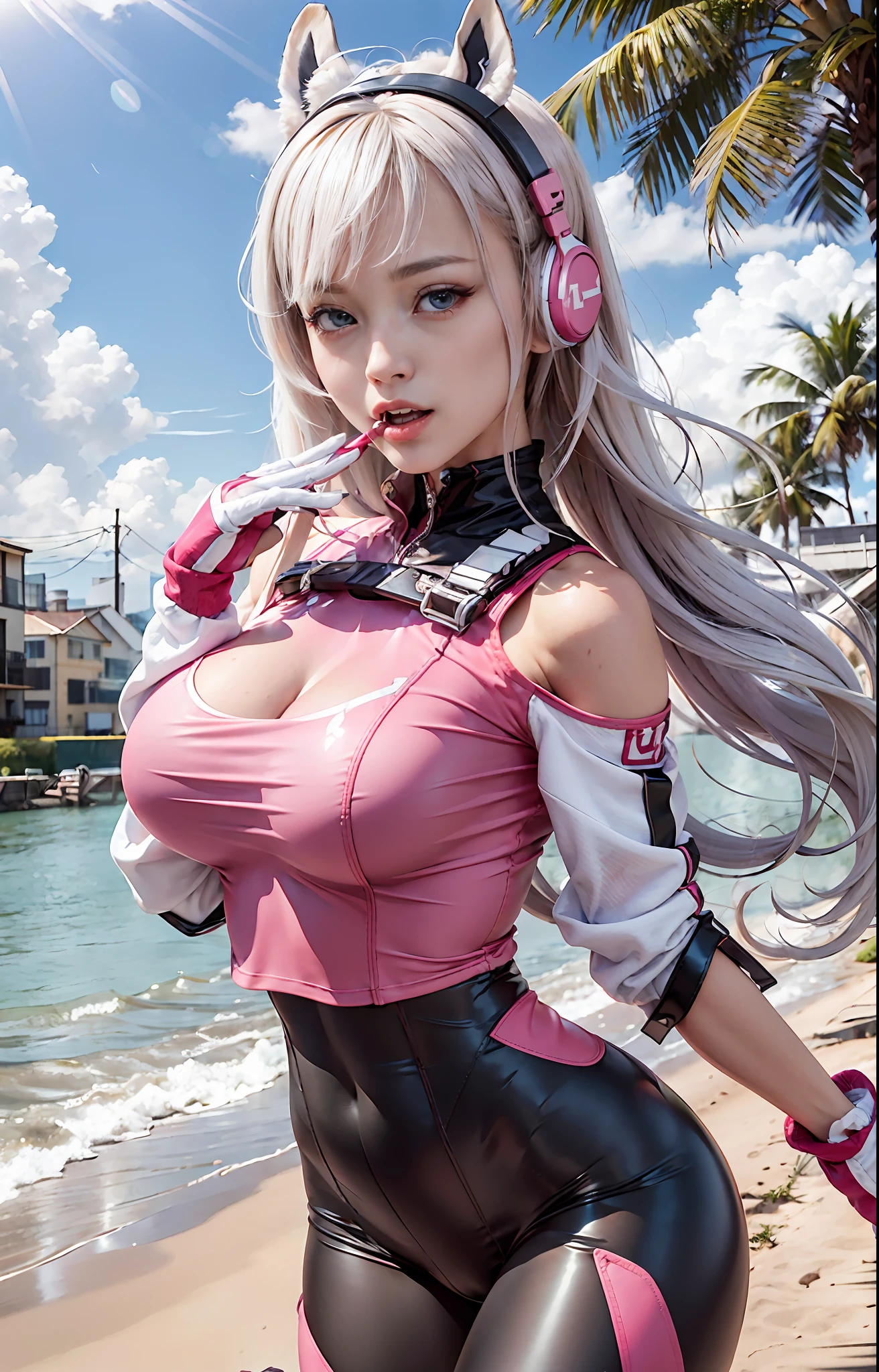 (RAW photo, Best quality, Mastery:1.2), (Realistic, photo-realistic:1.4),(Masterpiece:1.4),(Best quality:1.4),1girll, Solo, :D, Ear headphones, beast ear, Arms up,By bangs,Be red in the face,Tights,nedium breasts,tit,Fox pose,Cover the navel,cowboy lens,fakeanimalears,mitts,exteriors,Morning,Yuki,hair intakes,Earphone,tightsuit,Strangle,huge tit,latex,latex body suit,long whitr hair,longer sleeves,looking at viewert,huge tit,Multicolored gloves,with her mouth open,Black tight-fitting top,No underwear,No underwear,pantyless,pantyless,The clothes are slightly transparent,Thin,Pink eyes,red color eyes,shinning clothes,shrugged shoulders\(The clothes ar\),side locks , tight-fitting, ssmile, Thigh crevices, upper legs, dual horsetail, Very long hair, whitegloves, White hair, Alice\(Nikke\),(Shiny skin), realisticlying,