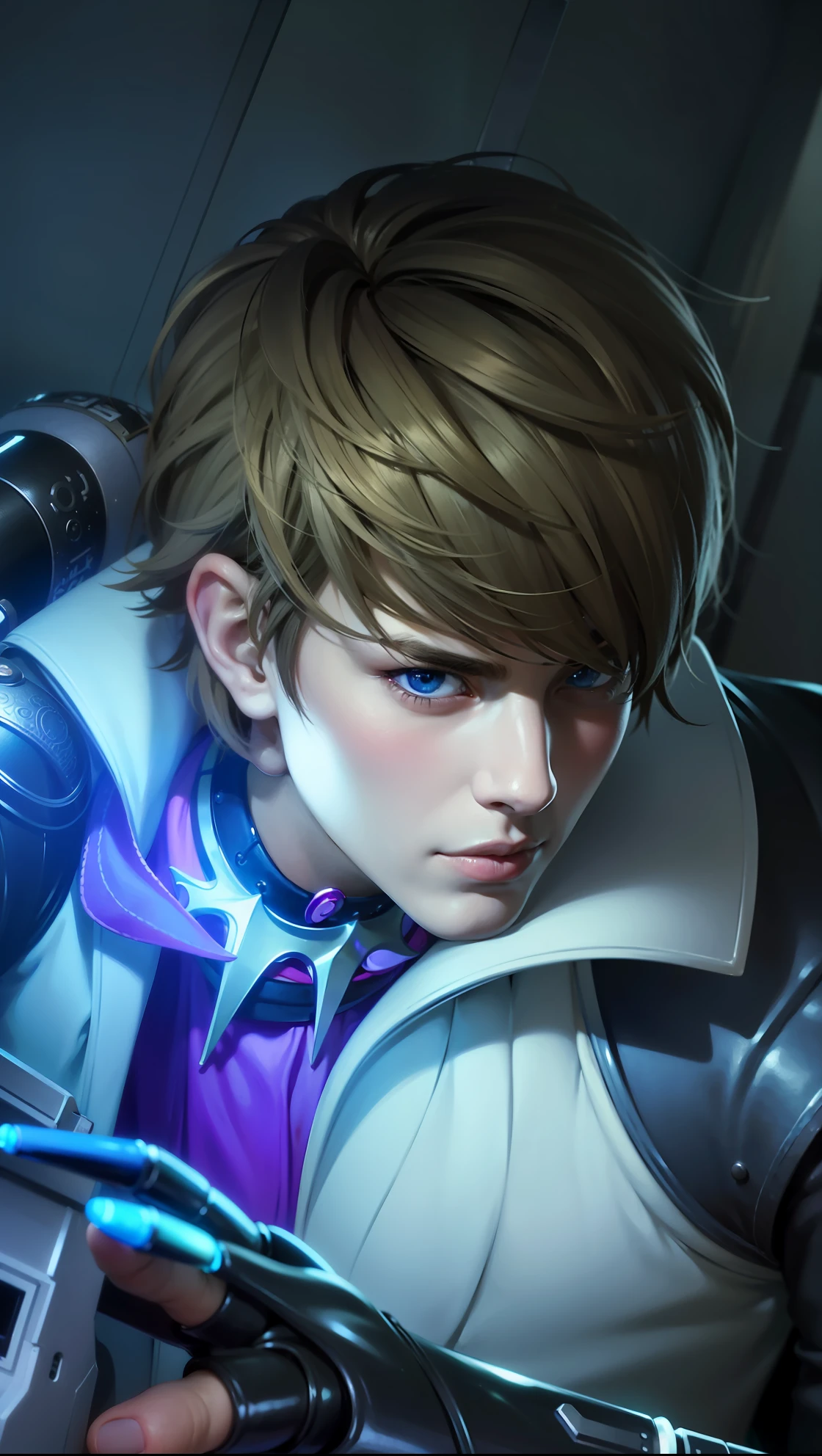 masculine male, masterpiece, ((perfect eyes)) best quality, (semirealism:1.9), beautiful lighting, (extremely detailed CG unity 4k fhd wallpaper), High Detail, Sharp focus, dramatic outdoors, 1 boy ,19 years old, brown short hair, blue eyes, smile