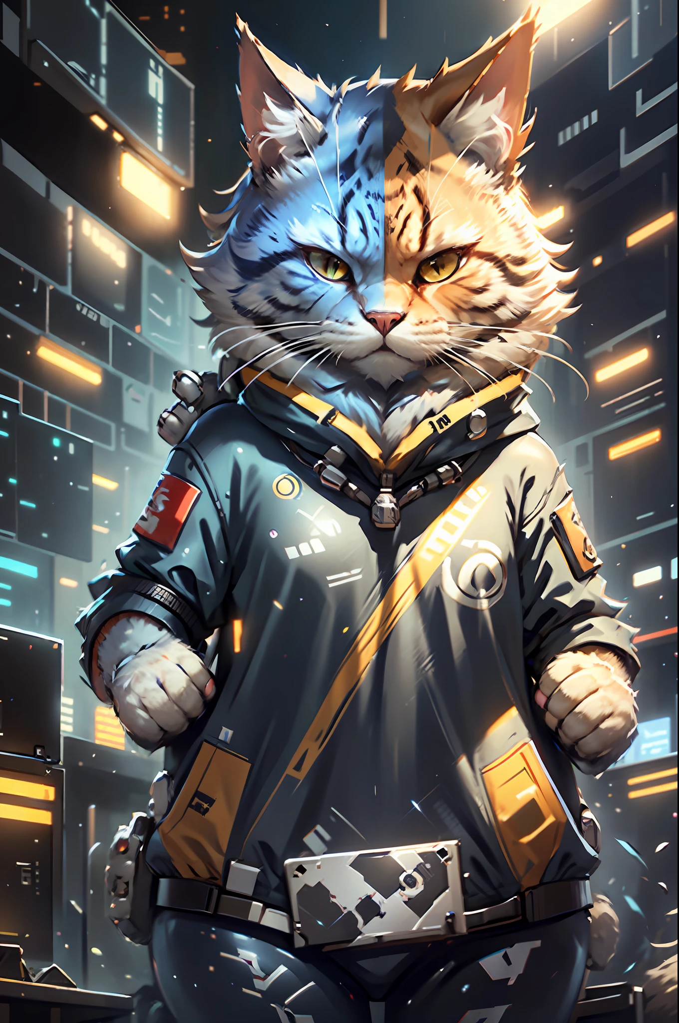 gamer c4ttitude, strategic, focus-eyed,fur, challenger, agile, engaging, game-themed bodysuit,nylon, quick paws,cybernetic arena, digital realm, strategy, showdown, gaming scene,