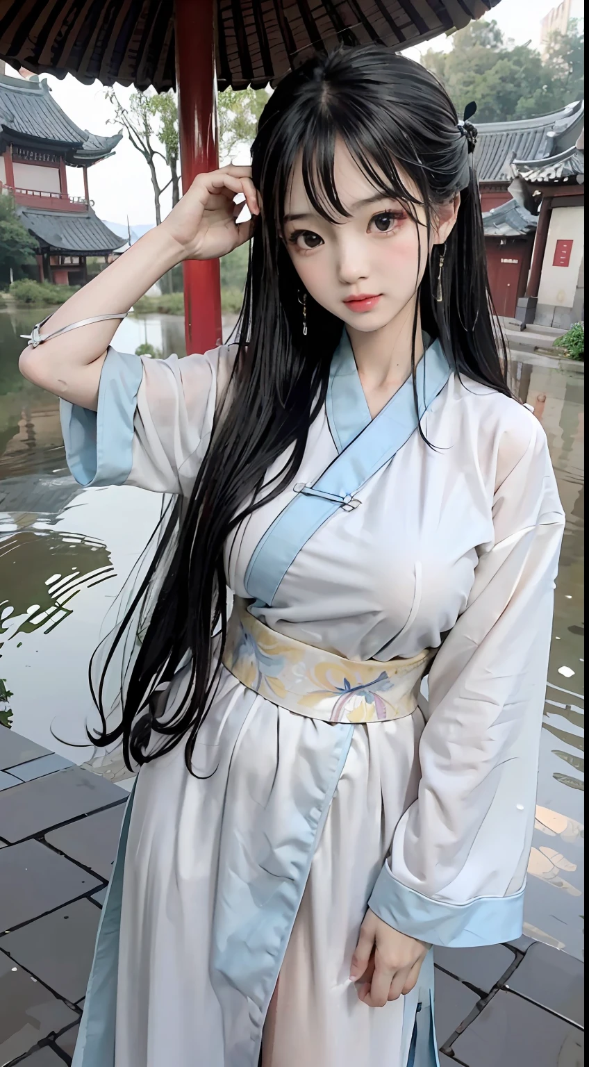 Master quality, highest quality, best picture quality, exaggerated details, a cute 8 year old asian with a shy expression, slightly squinted eyes, adjusting her hair, long eyelashes (long hair / very, very exaggerated big breasts _ tits / in hanfu chinese luxury), posing in front of the camera, wet throught rain, wet breast