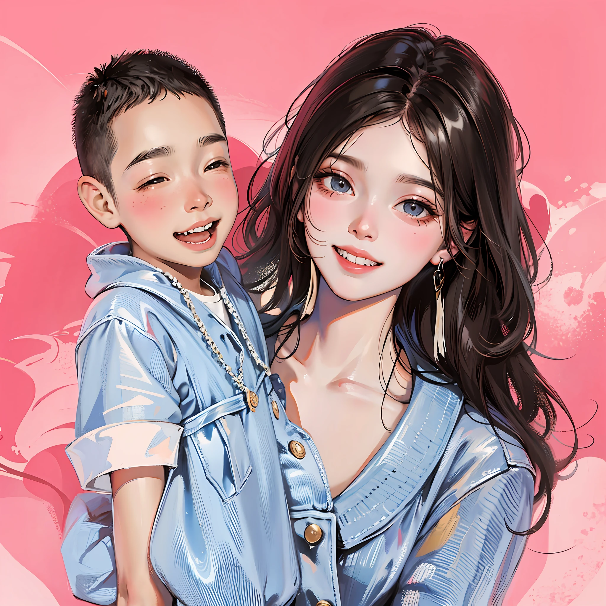The picture shows a woman holding a little boy with short hair, grin,having fun
