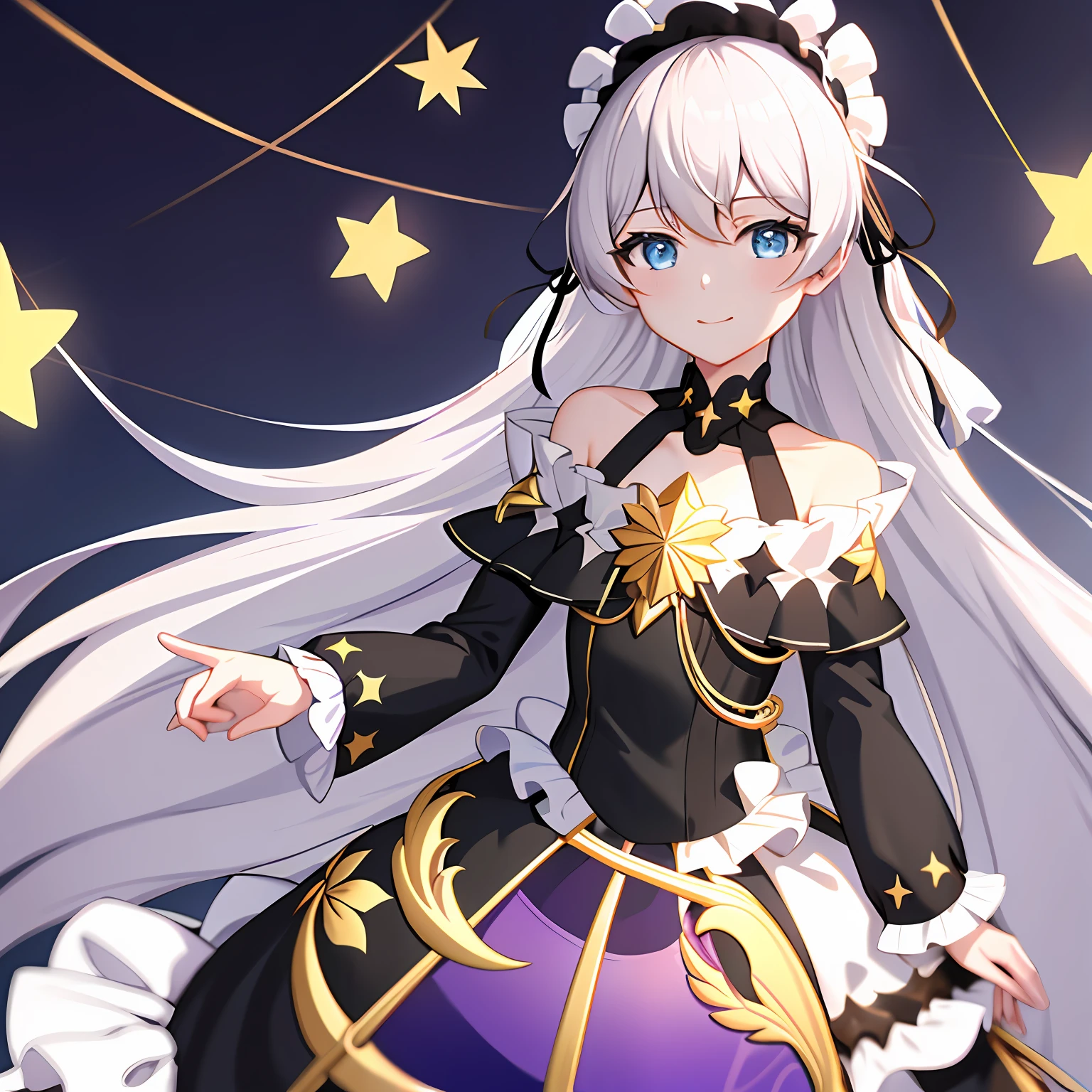 (Masterpiece:1.2), (Best quality:1.3), empyrean_psalms, 1girll, Smile, black_dress, Bare_bshoulders,  Long_Sleeves, frilld, Star_(symbol), Lolita_Fashion, frilld_dress, cropped shoulders_dress,