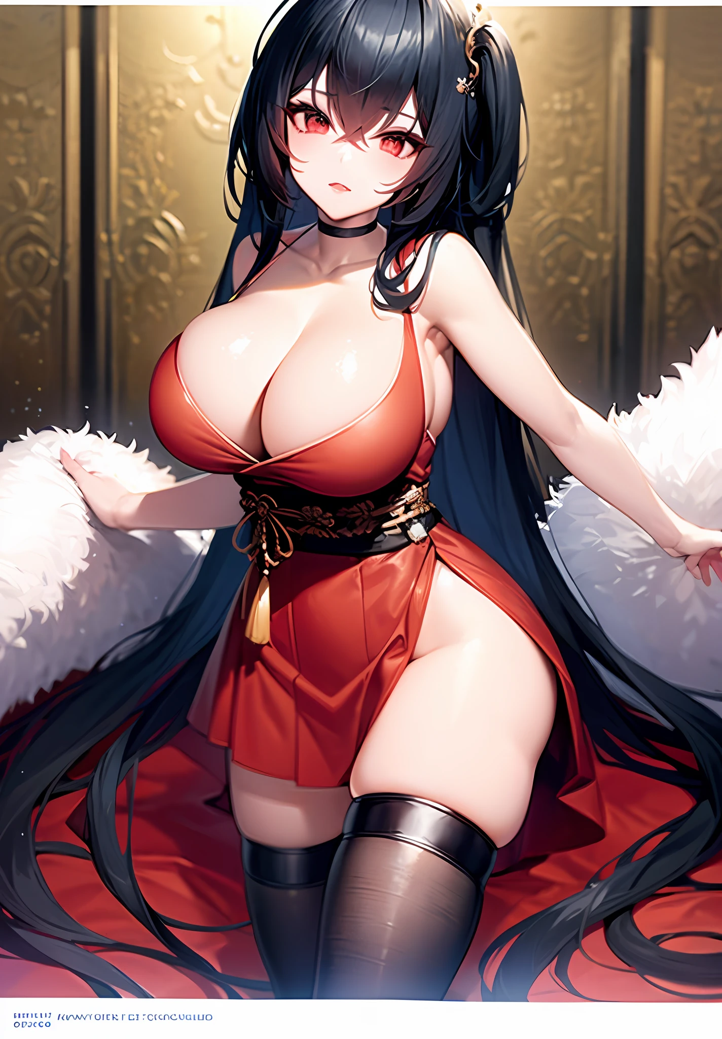 Red clothes，Girls have big breasts，high and cold，seductiv，fleshy feeling，prette，Black hair，Hanfu，curlies，long whitr hair，Micro-messy，the detail，Background with，
