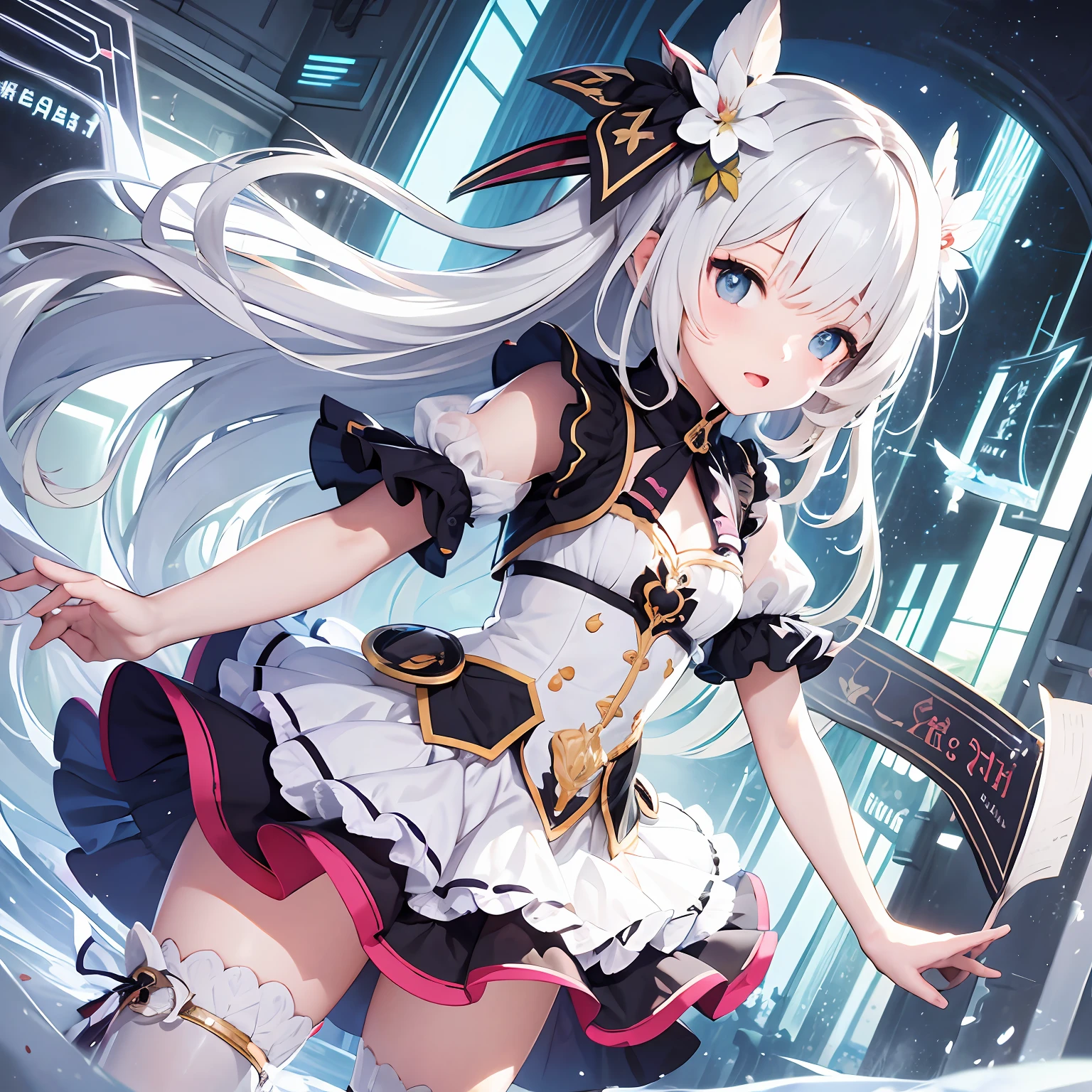 ((Best illustration)), super clear and delicate, dynamic angle, dynamic posture, (1girl), loli style, white hair, clear eyes, small body.