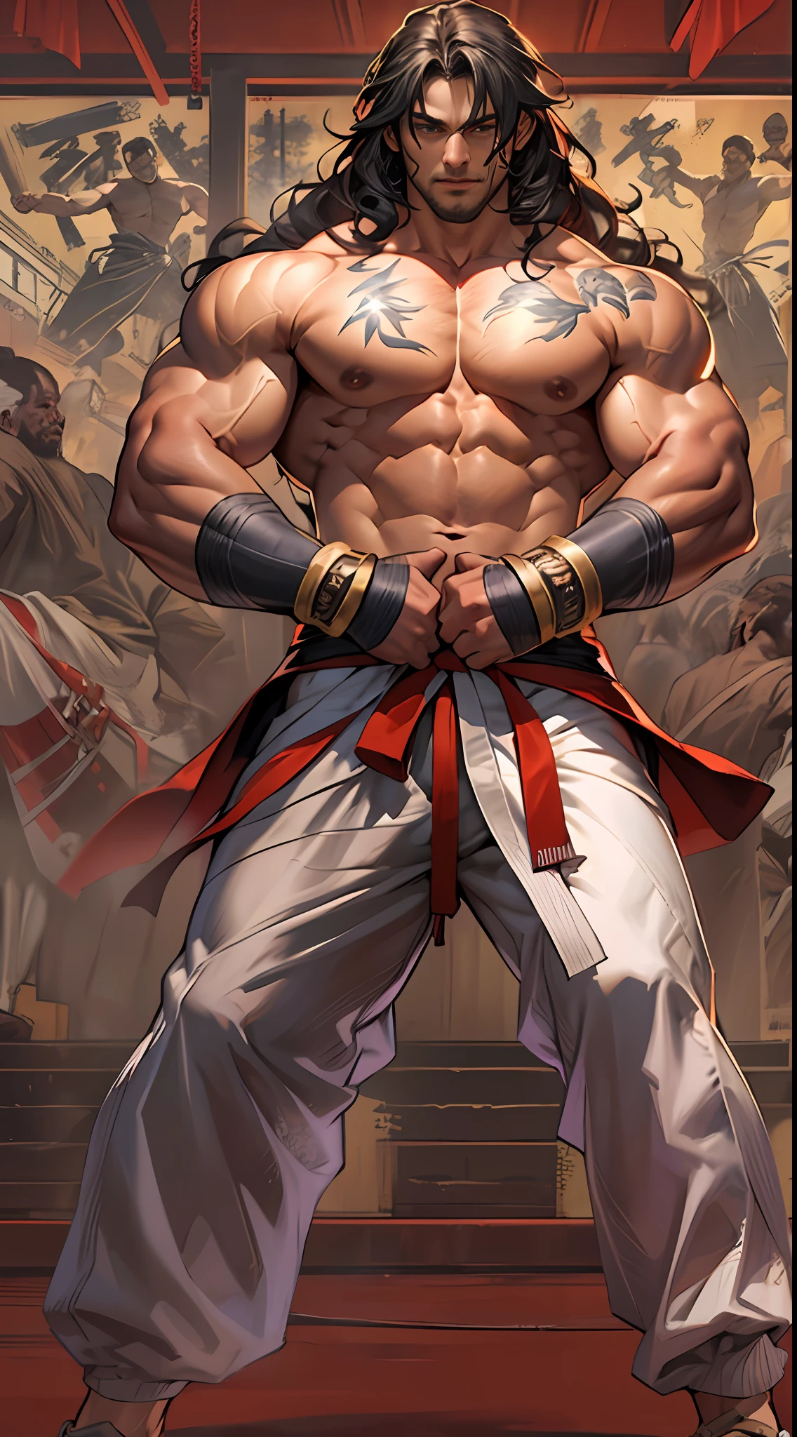 Mighty fighter, chest exposed, lower body unclothed from thighs to feet, flowing long curls, detailed muscular physique, photorealistic depiction, 4K resolution. Background: Martial arts dojo,32k uhd, best quality, masterpiece, super detail, high details