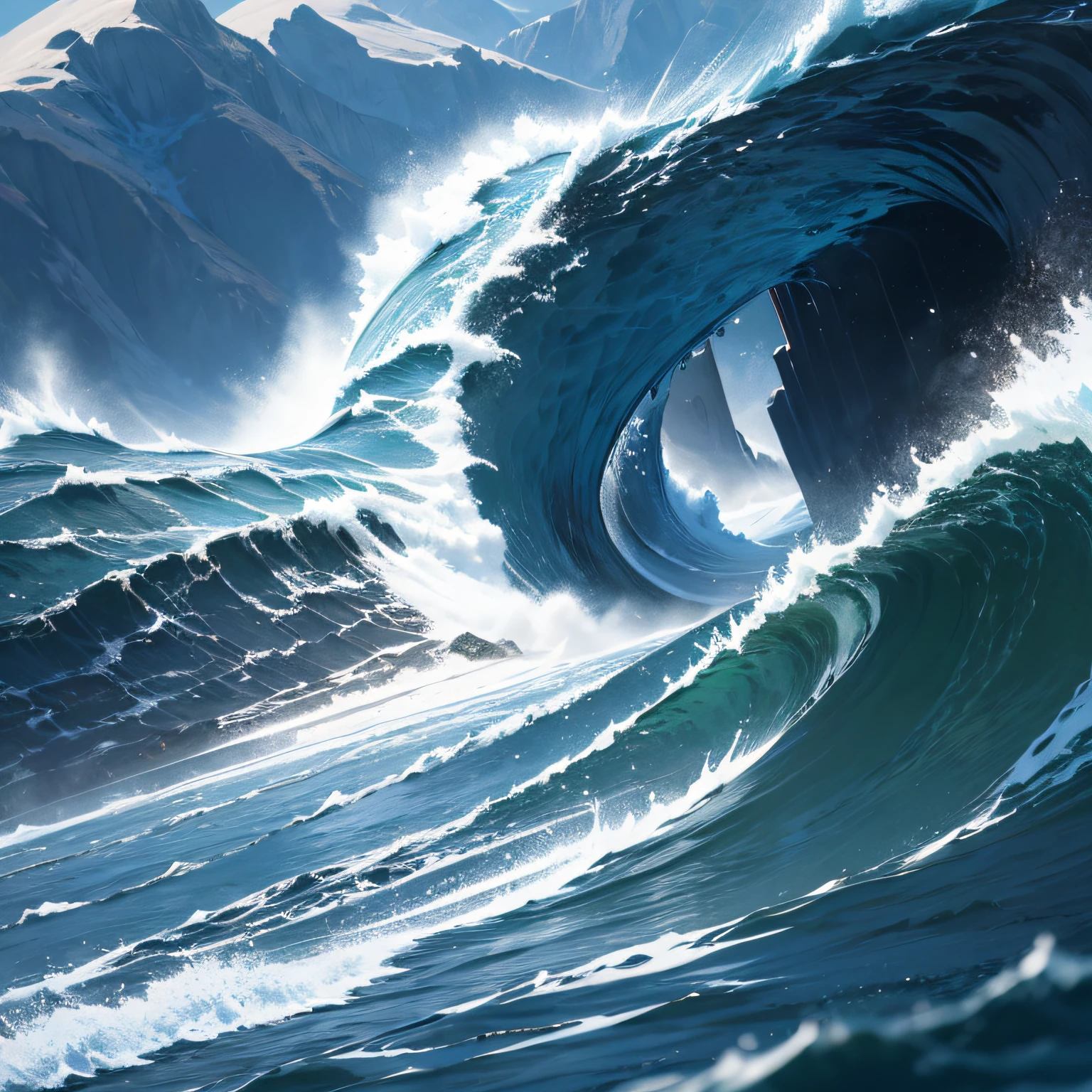 Absurd resolution, high resolution, (masterpiece: 1.4), hyper-detail, shoreside, blue mechanical titan giant, tsunami, water column, shock