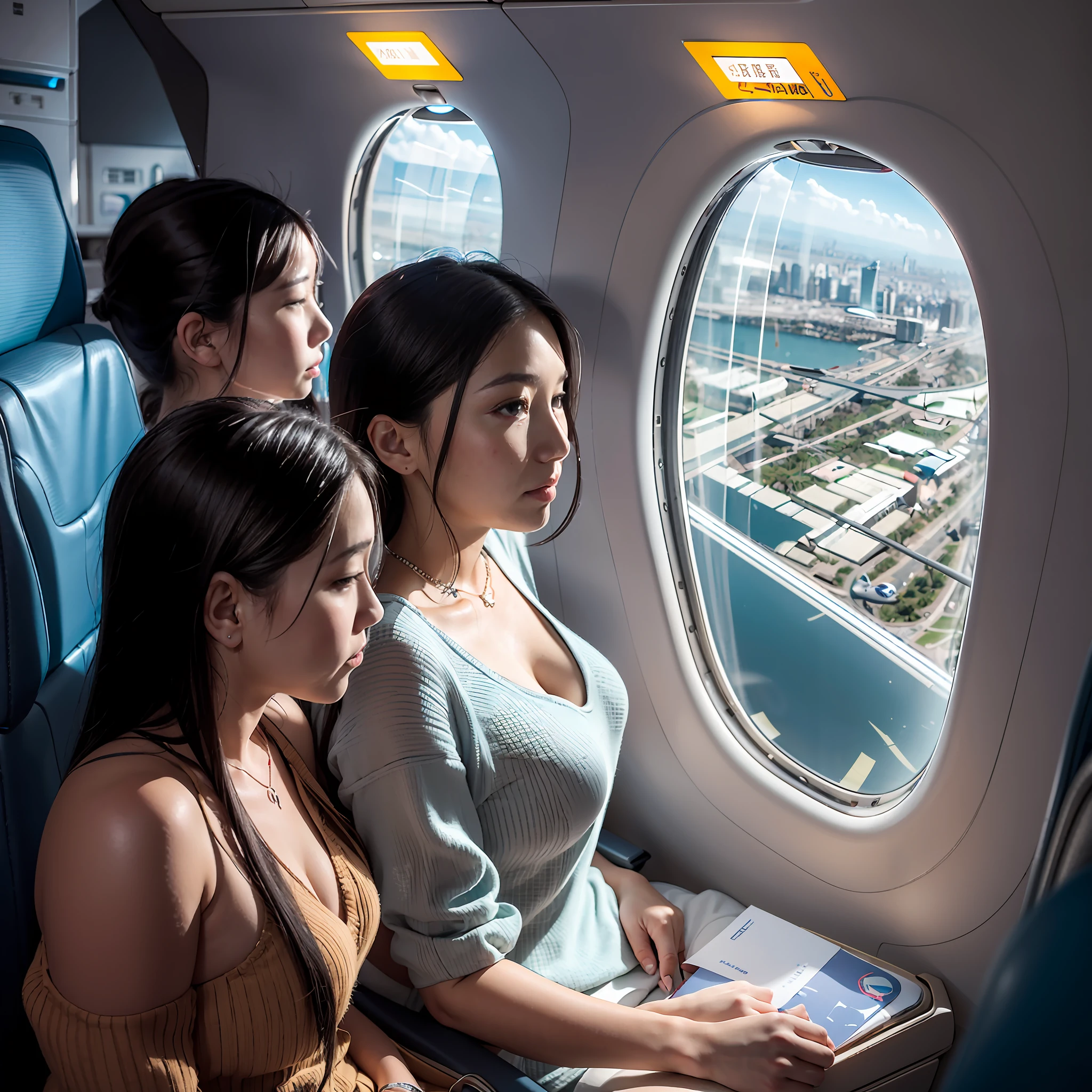 The aircraft altitude is 10,000 meters，A group of 16-year-old beautiful women sit by the window of a large Airbus A380 aircraft，Aerial view of Shanghai
