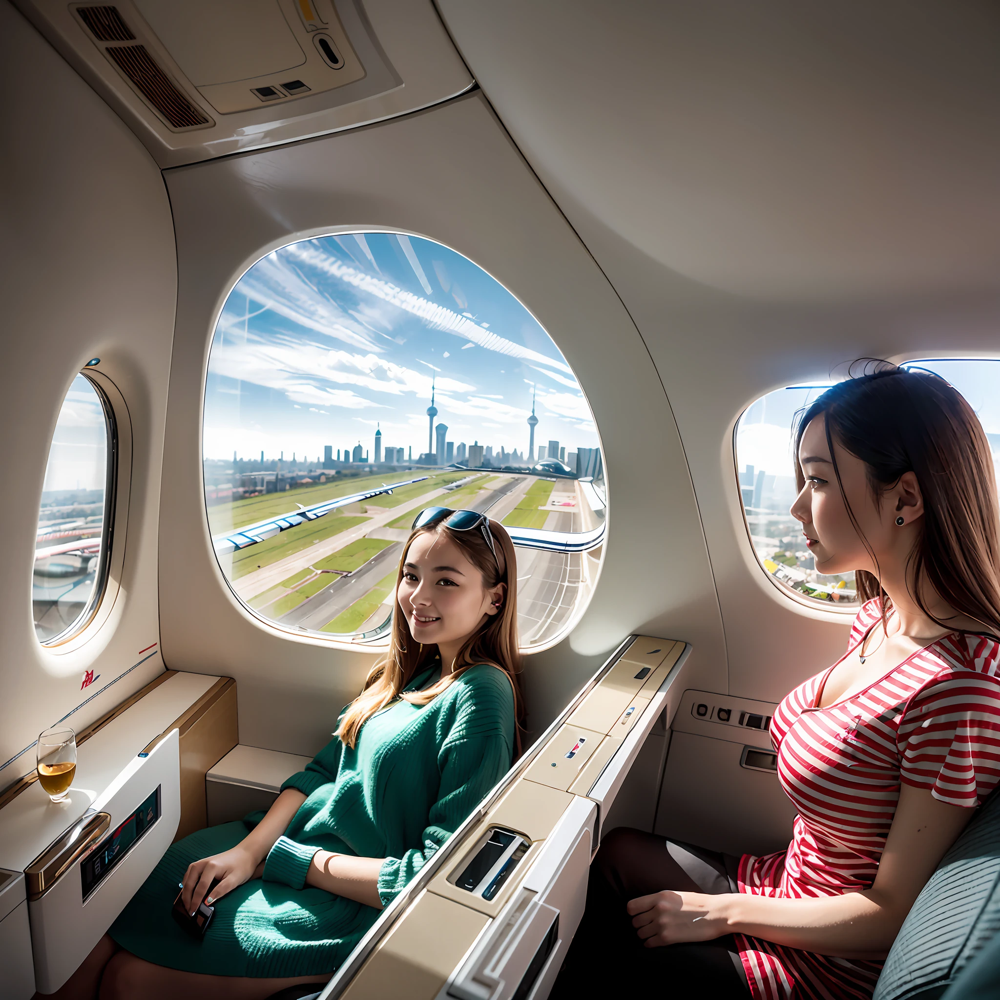The aircraft altitude is 10,000 meters,A group of -yeld beiful women sit by the window of a large Airbus A380 aircraft,Aerial view of Shanghai