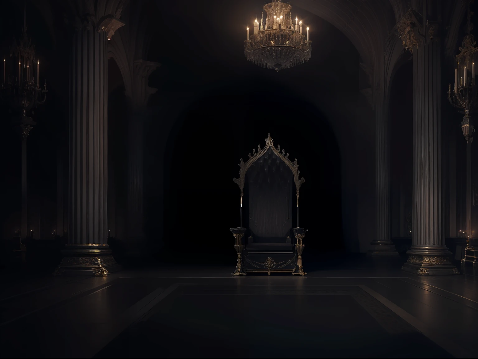 (dark:1.4), (palace), ((interior)), ((empty throne)), wax, candles, chandelier, pillars, big windows, castle, ((eerie)), gritty, (night:1.4)