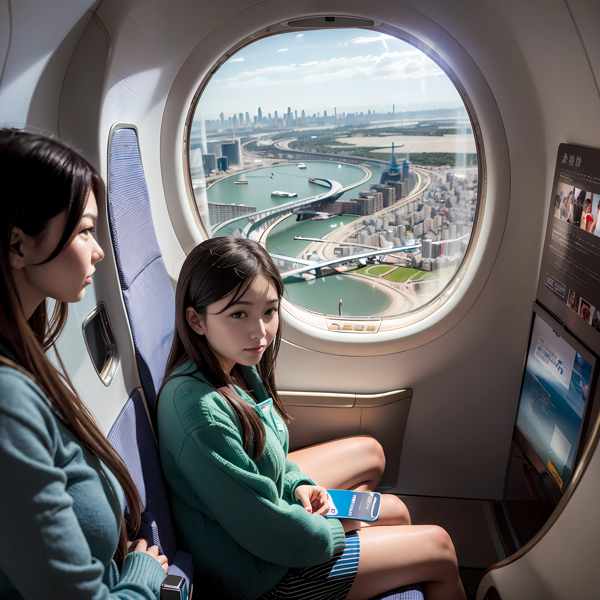 The aircraft altitude is 10,000 meters,A group of 16-year-old beautiful women sit by the window of a large Airbus A380 aircraft,Aerial view of Shanghai