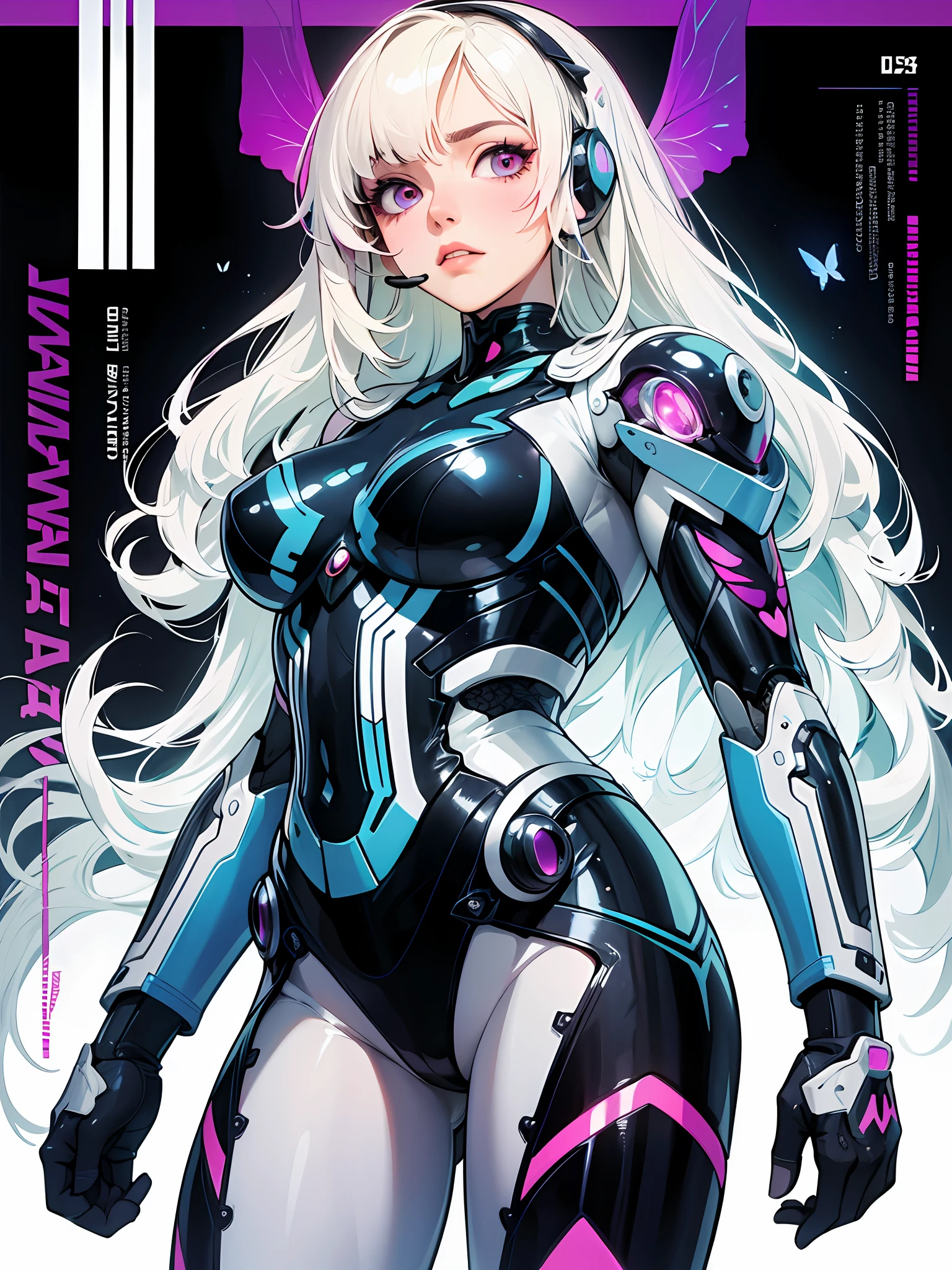 (Artwork of exceptional craftsmanship),(Detailed illustrations,(Very ideal anatomy),Very detailed and detailed drawing,Delicate lines with slow and rapid,(Realistic texture expression)),[Color tressed main line],[Background of the Institute],HENTAI ANIME (CYBERGirl (Beautiful fece) Skinny 13 years old) (Voluminous wavy platinum blonde) cyborgs,(((Butterfly wings) Magenta-pink Papillon cybernean armor) Cyber Headset) [Aurora Armor [Through the material]],(Science Fiction Mechanical [Bioengineering]),(Perfectly proportioned),(Fine and beautiful skin expression [realistic skin detail]),[Design built to the highest level,[Advanced structural understanding of materials],Ideal color coordination],(Intricate and beautiful decoration [Dense detail]),(More on shiny hair),[Perfect hand details [Beautiful Finger]],(Beautiful perfect face [Realistic face details]),[Clear gaze],[long and beautiful eyelashes],[Perfect eye details (Eyes beautifully drawn down to the smallest detail)],(detaileds,high-detail),([Precision Detail],[multi-layer texture],HighQuality,hight resolution),[(Accurate simulation of light-material interactions),Understanding Airflow,Mechanically correct representation],[Visual art that conveys a sense of narrative] [Full body like],[[Desaturation]].