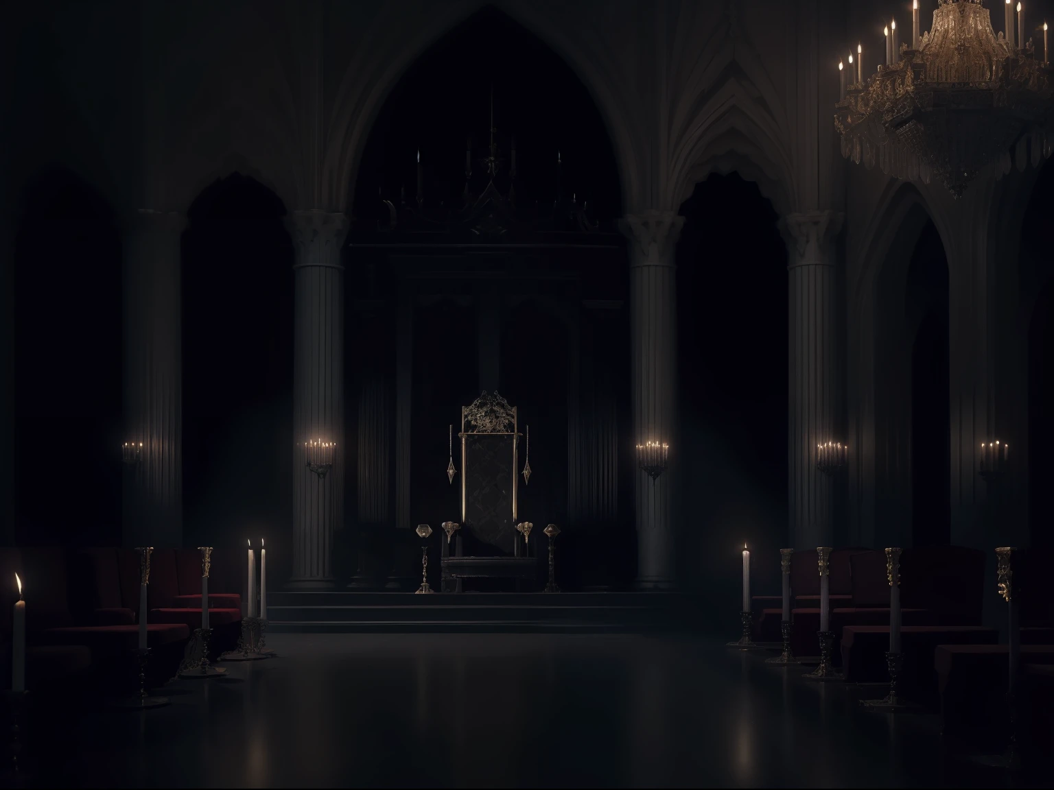 (dark:1.4), (palace), ((interior)), ((empty throne)), wax, candles, chandelier, pillars, big windows, castle, ((eerie)), gritty, (night:1.4)