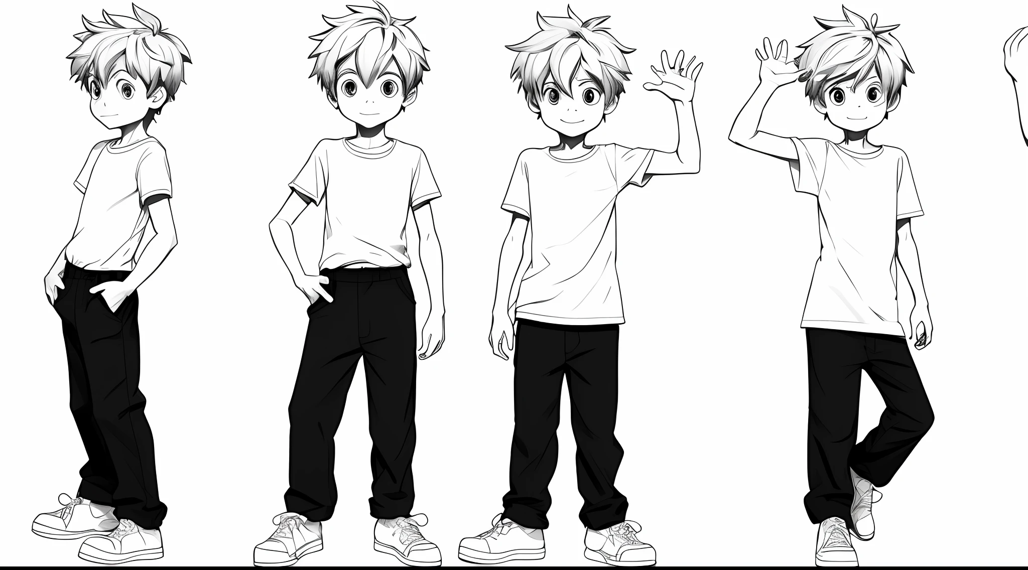  character, wearing plain t-shirts and long trouser, surprise expression, multiple poses, side view, b/w outline art for kids coloring book page, full white, white background, whole body, Sketch style, full body (((((white background))))), only use outline., cartoon style, line art, coloring book, clean line art, white background, Sketch style, full body, no fill color, black outline only.