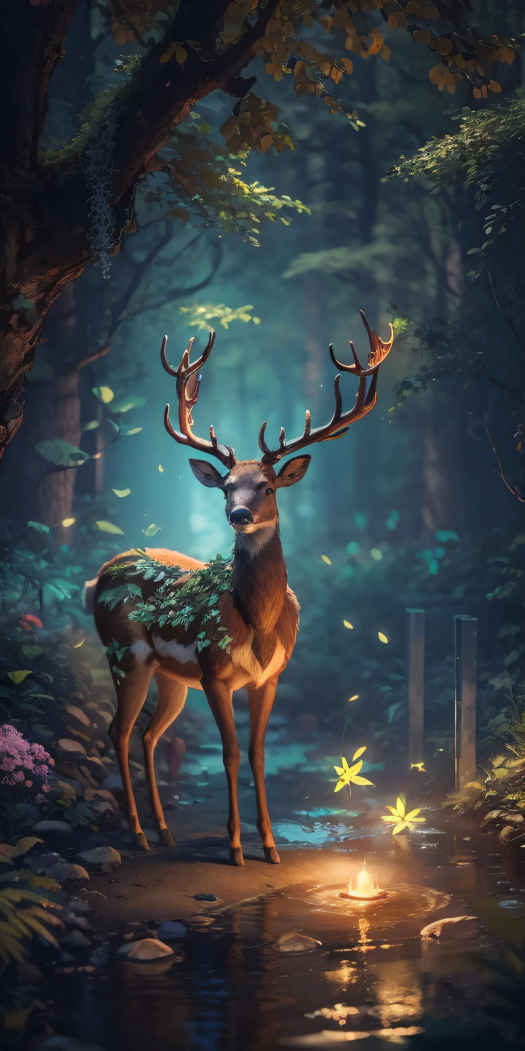 Masterpiece, best quality, (very detailed CG unified 8k wallpaper), (best quality), (best illustration), (best shadow), glowing elf with a glowing deer, drinking water in the pool, natural elements in forest theme. Mysterious forest, beautiful forest, nature, surrounded by flowers, delicate leaves and branches surrounded by fireflies (natural elements), (jungle theme), (leaves), (branches), (fireflies), (particle effects) and other 3D, Octane rendering, ray tracing, super detailed , deer --v6