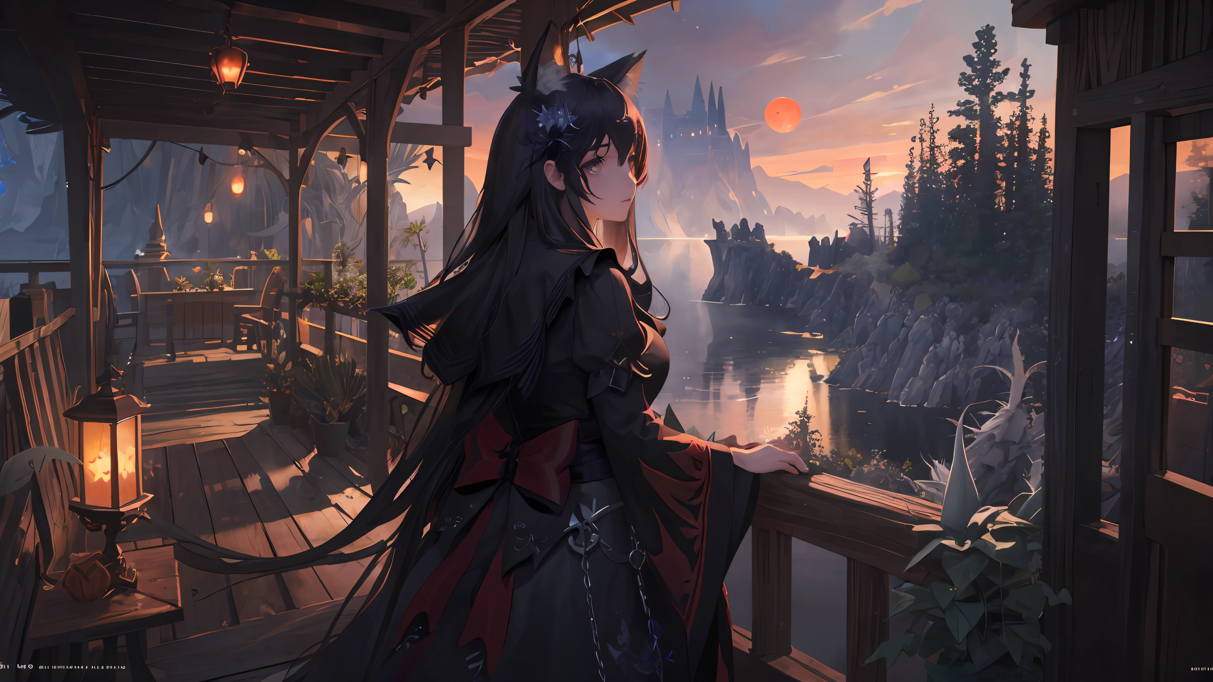 ((Masterpiece)), Best quality, High quality, ((Very detailed CG unity 8K wallpaper)), (fantasy),Dark tones， Dark black castle，Stand on the island，There is a red moon in the sky，View from a higher mountain，((giant agave titanota)), wild plants , Foxy, , Mono Lake, hackberry, 3D Digital Paintings, award winning photography, Bokeh, Depth of field, hdr, full bloom, less big breasts， color difference , Photorealistic, The is very detailed, trending on artstationh, trending on CGSociety, Intricate, high detal, dramatics, halfway art,