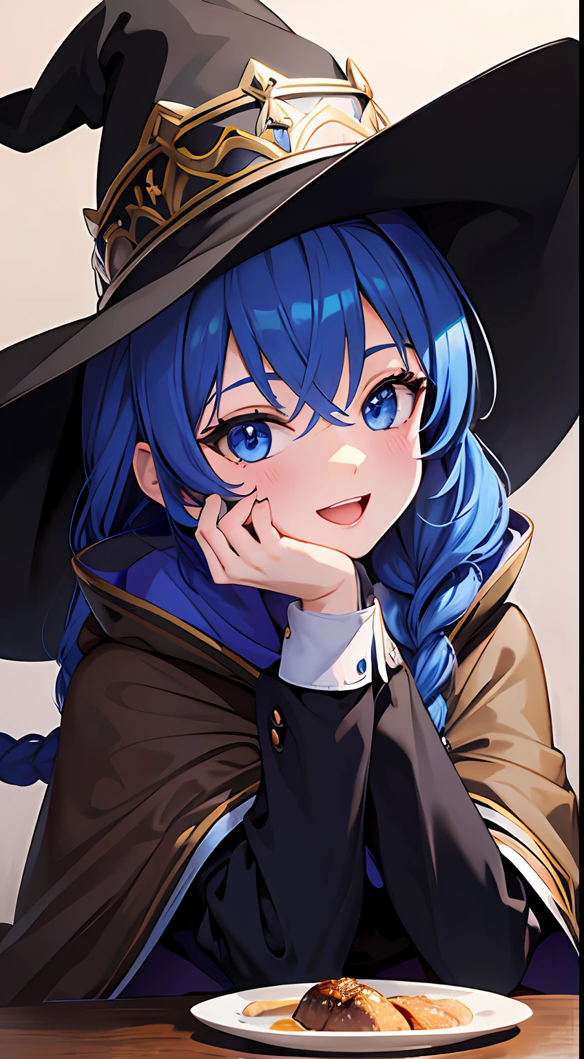 roxy migurdia, Masterpiece, Best quality, Very detailed background, Cafe, hand on own cheek, Open mouth, Smile, arms back behind, bangs, Black tiara, Blue eyes, Blue hair, Braid, Brown cape, Cape, hair between eye, Hat, Long hair, Witch hat