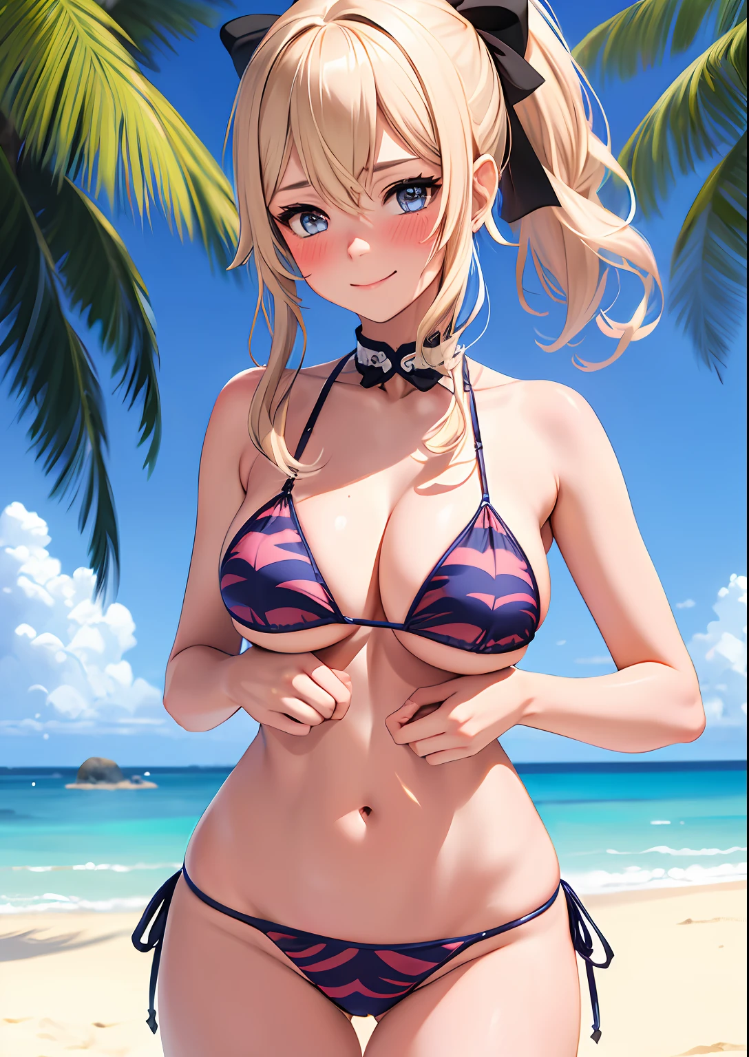 1girl, adult woman, (Blushing:1.4), (string bikini, animal print), blushed, Smile, Cowboy Shot, Slim body, Small breast, small boobs, Full Body, Detailed background: Beach and palmtrees, summer