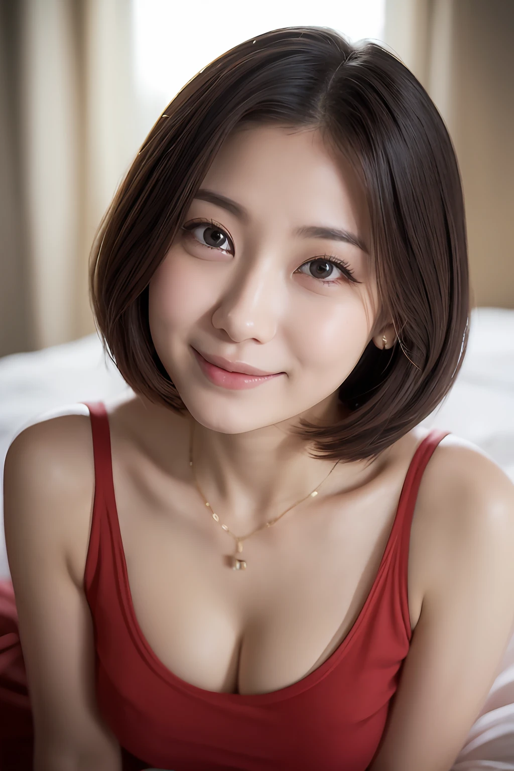 女の子1人、Blushing cheeks、shyly smile、optic、large full breasts、Loose T-shirt on the chest、florals、hair pin、a necklace、piercings、Crawling on all fours on the bed、from below looking up、depth of fields、pointed red mouth、Glossy reddish-brown shorthair、Black eyes、鎖骨、Beautiful fingers、Hourglass body、portrait of a full body、