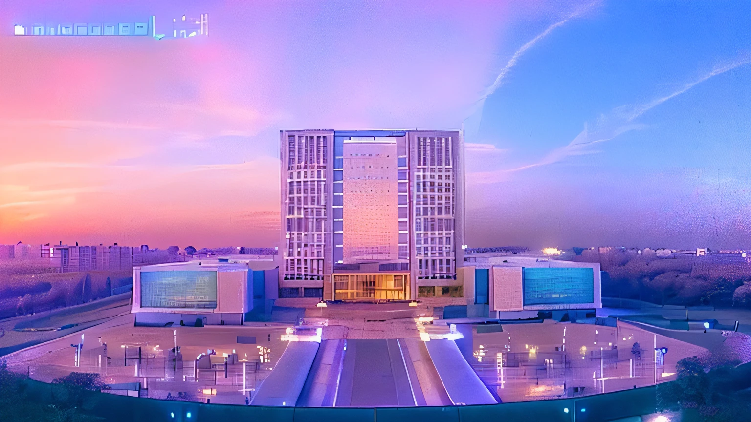 Alafid view of buildings with large courtyard and sky background, research complex, futuristic government chambers, video, up front view, huge towering magical university, video still, building facing, medical research facility, “wide shot, YouTube video screenshots, cidadela de Erbil, a wide full shot, full - view, research center, From the front