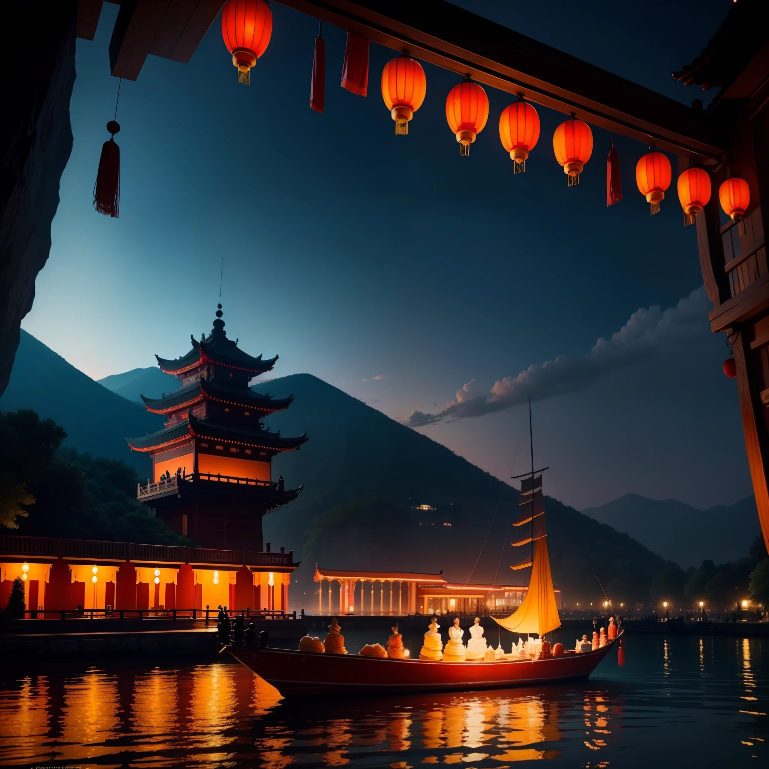 Evening lake,The background view is a relatively high cliff,A Chinese-style performance boat in front,Colorful lights,Put on an acrobatic show,