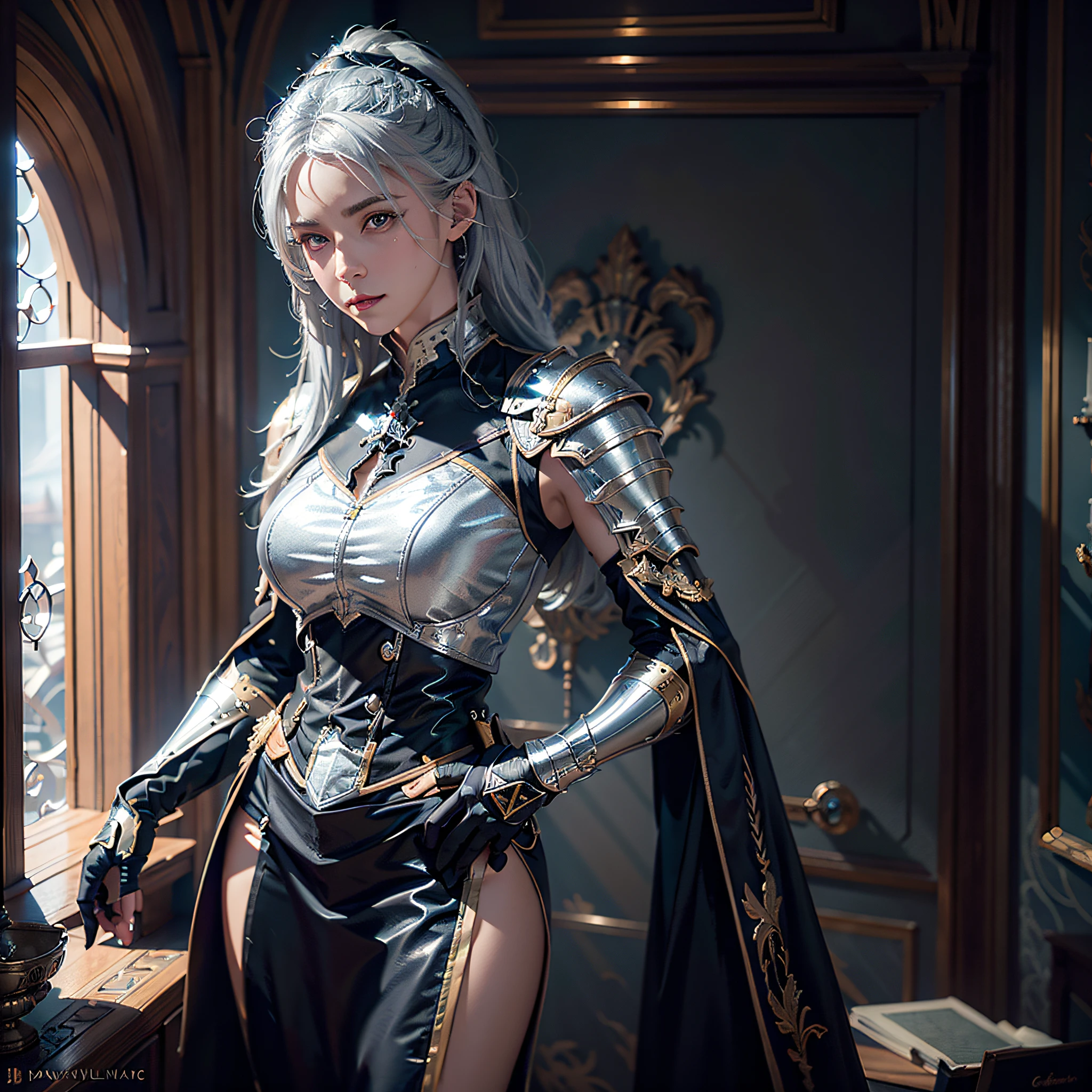 cavalier, Mighty, Silver hair, Reflectors, full bodyesbian, Atmospheric perspective, hasselblatt, shadowing, Cinematic lighting, in a panoramic view, Masterpiece, ccurate, Textured skin, A high resolution,Textured skin，hyper HD