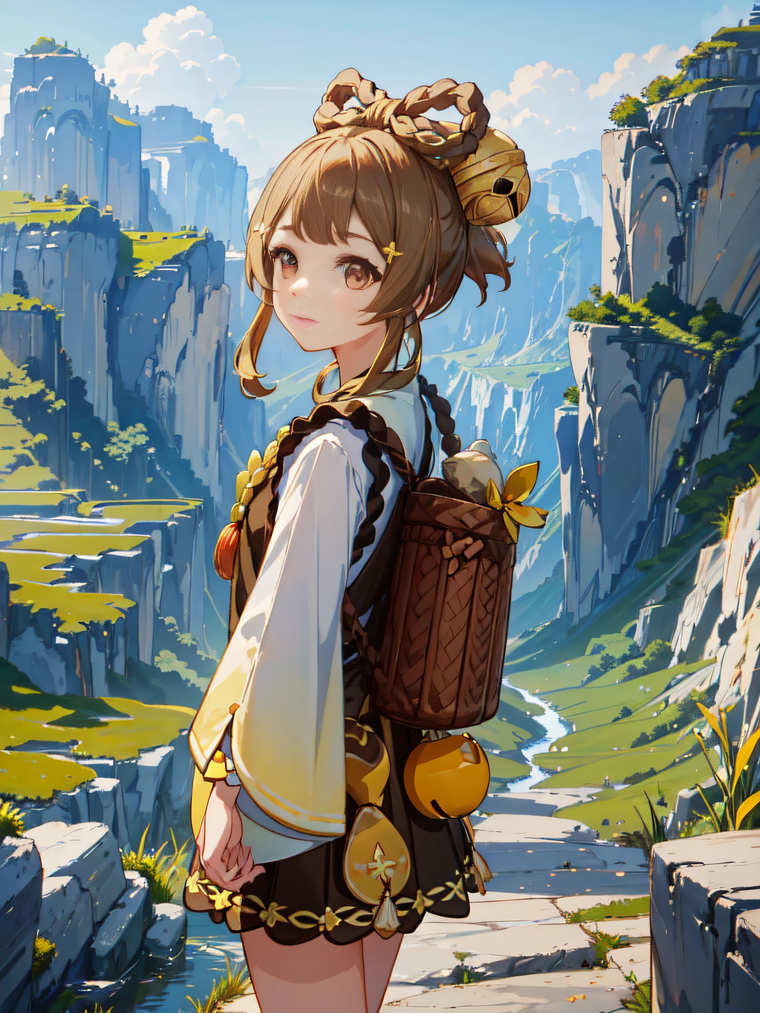 A serene illustration of Yaoyao walking in a picturesque countryside, with a blissful background softly blurred, and a few people scattered around. The scene radiates tranquility and beauty, capturing the charm of the countryside and Yaoyao's peaceful stroll. The artwork showcases the idyllic setting and Yaoyao's serene presence, creating a captivating and visually enchanting portrayal, Illustration, digital art, (masterpiece), (perfect face), (perfect hand), (symetrical face proportions), (best quality), --4K --UHD --Hyperdetailed