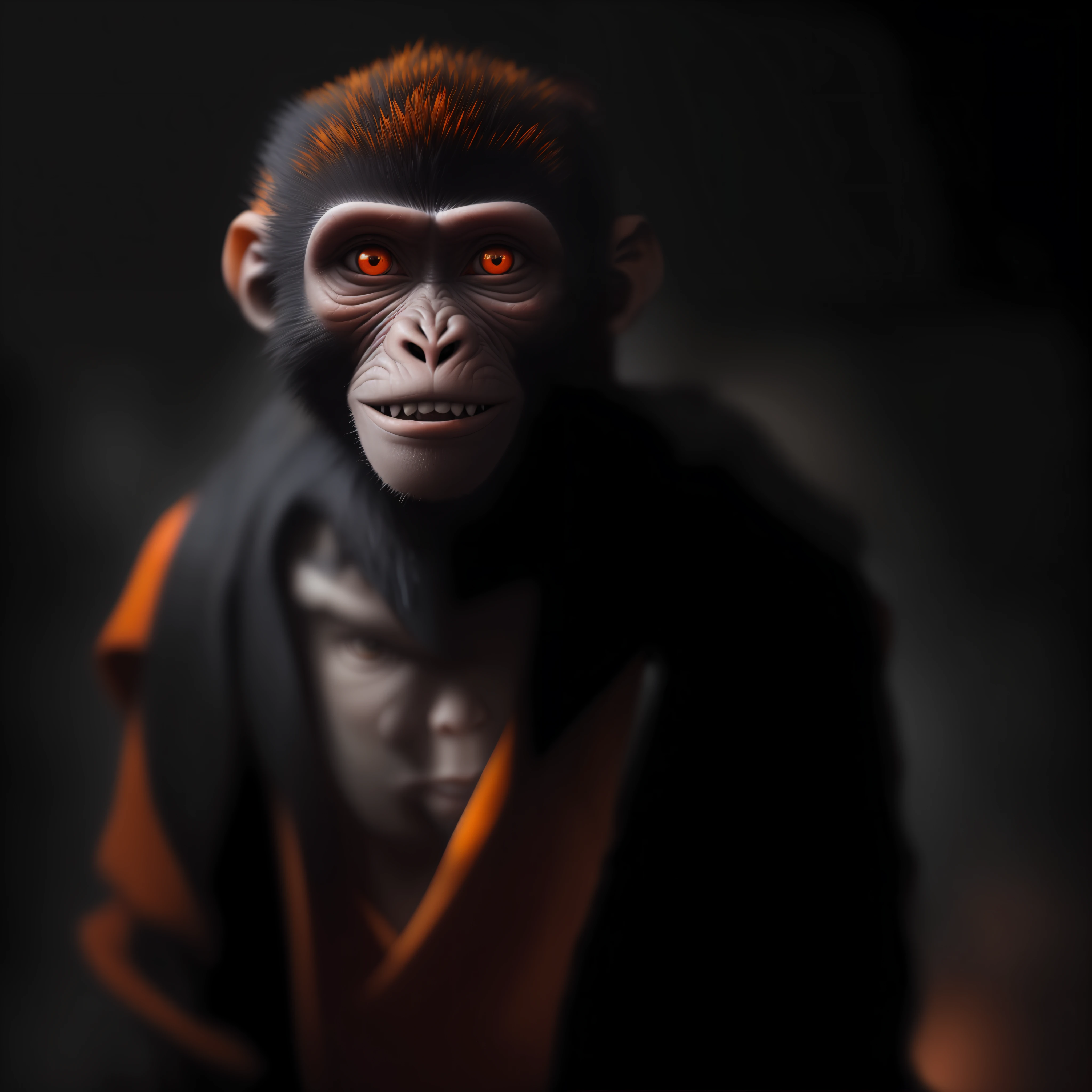 (sharp focus:1.2), an award winning photo of an monkey dressed as a monk Orange, black outside, lightning back lighting, smiling, happy, extremely detailed skin, hopelessness ,cloudy eyes, (deep shadows:1.1), high contrast, beautiful eyes, absurdres, 8k, (high quality:1.3), , artstation hd, concept art, detailed face and body, award-winning photography, (moody lighting:1.2), depth of field, bokeh, 4K, HDR