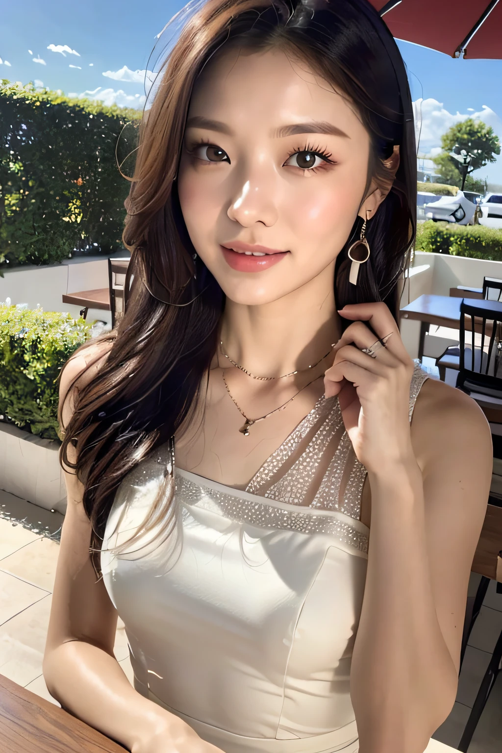 first-person-view, (Masterpiece:1.3), (Maximum resolution:1.4), (Ultra HDTV:1.2), Ultra HDTV, (Detailed eyes and skin), (Detailed facial features), HDR, 8k resolution, Sharp Focus:1.2, Perfect style, beautiful face, highly detailed face and skin texture, detailed eyes, double eyelids, thin eyebrows, glitter eyeliner:1.2, pale cheeks, glossy skin, fair skin:1.2, shiny little neckless and crystal earrings,, glossy lips:1.2,
BREAK,
((Upper body shot:1.2)), (wearing a sleeveless high-neck halter-neck white dress:1.2)), (high-neck halter-neck), (white:1.2), (sexy clavicle), ((Innocent and cute girl:1.3)), (Layered Hairstyle, Dark-brown hair), medium long hair, (very provocative smile:1.2), medium large breasts,
BREAK,
(Sitting on the terrace chair:1.2), ((gently lifted her chin.:1.3)), In the outdoor stylish cafe, from a little above,