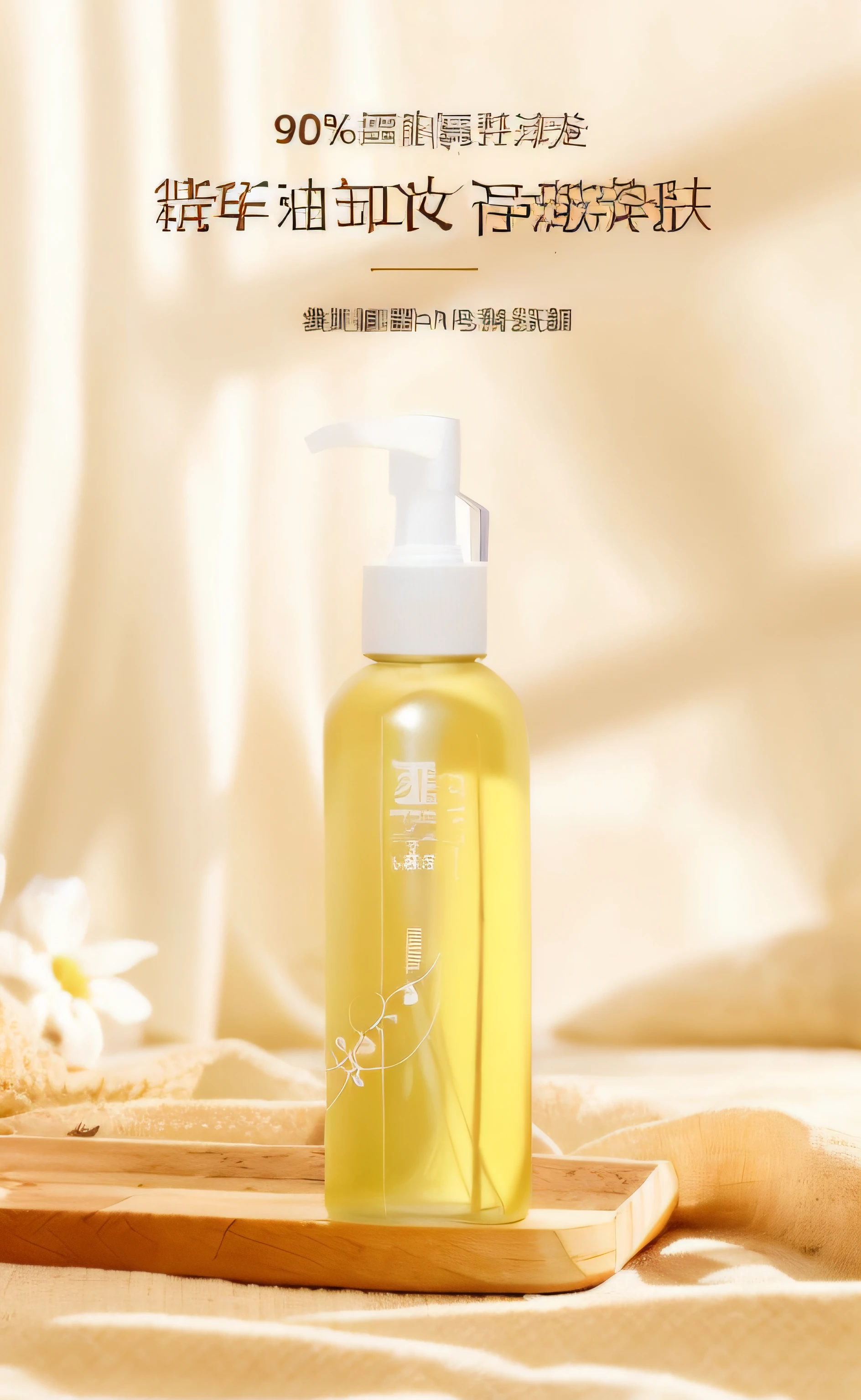 On a wooden pallet is a bottle of liquid, Product photo, product - view, Official product image, professional product photo, product image, sweet almost oil, product introduction photos, List image, high quality product photo, Official product photo, jia, Clean face and body skin, hair fluid, Lu Ji, glowing oil, professional product shot, product image