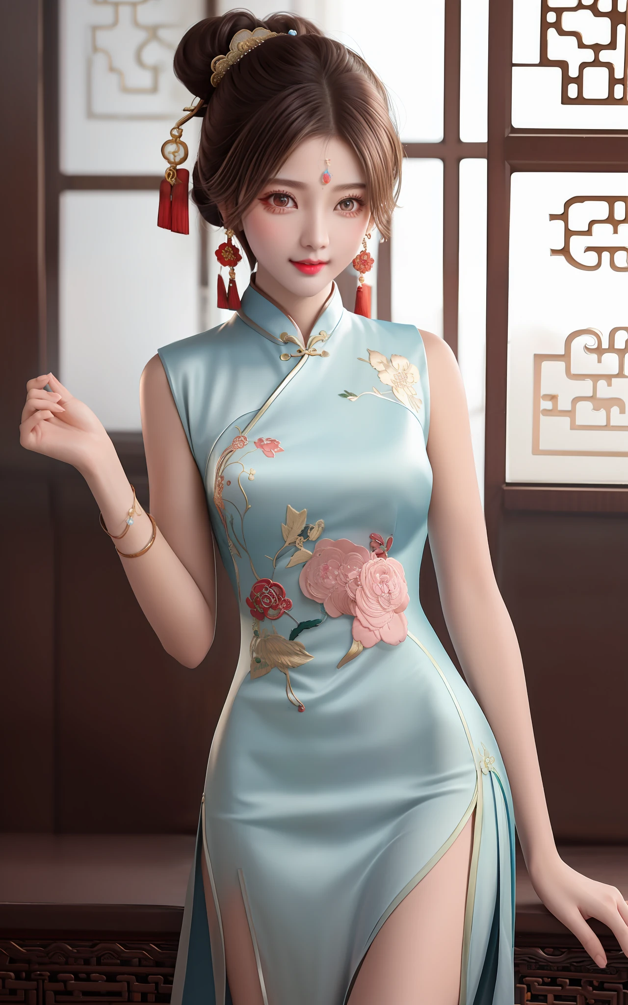 Need,tmasterpiece,A high resolution,1girll,Blushlush,(Seductive smile:0.8),starpupil,Chinese Hanfu,hair adornments,choker necklace,jewelry,beautfully face,On_Body,Dingdall effect,realisticlying,Shadow room,light edge,Two-tone lighting，（highdetailskin：1.2），8K  UHD，Slr，softlighting，high high quality，Volumetriclighting，sneak shot，photore，A high resolution，4K，8K，Background bokeh，photorealistic high detail,8K分辨率,超A high resolution,A young girl, A cute girl，short detailed hair，hair-bun，lipsticks，Tassel earrings，Black clear eyes，Smooth hair,鎖骨,Exquisite and perfect facial features, the most beautiful big eyes,Long eyelashes,The eyes are sweet and there are lying silkworms,ssmile，dynamic angle,Extreme picture quality,Highest precision,Precise and perfect human anatomy，(((Professional Dress，Slim Republic of China cheongsam，Crimson gold embroidery)))，((sitted))，Warm scene，超A high resolution，Ultra-clear vintage black flowing hair，Delicate bun）By bangs，（Long flowing hair，With a bun:1.3）），Delicate collarbones，beautiful make up，Exquisite and perfect facial features，，Big watery eyes，Lying silkworm，Long eyelashes，The eyes are sweet and have eye shadow，Slim waist，Do not show your hands，，lipsticks，Blushlush，Delicate earring earrings