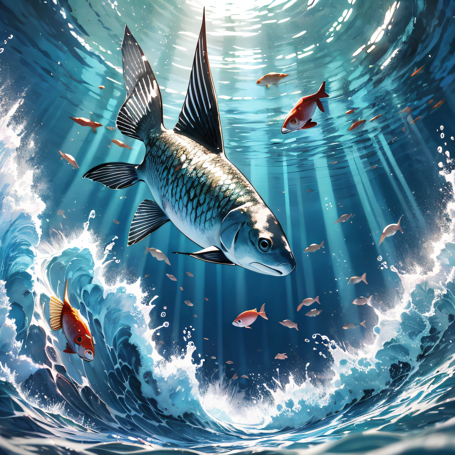 Ridiculous resolution，A high resolution，（tmasterpiece：1.4），hyper-detailing，Underwater world，Countless fish and shrimp，tidal waves，water column，shock，disarray